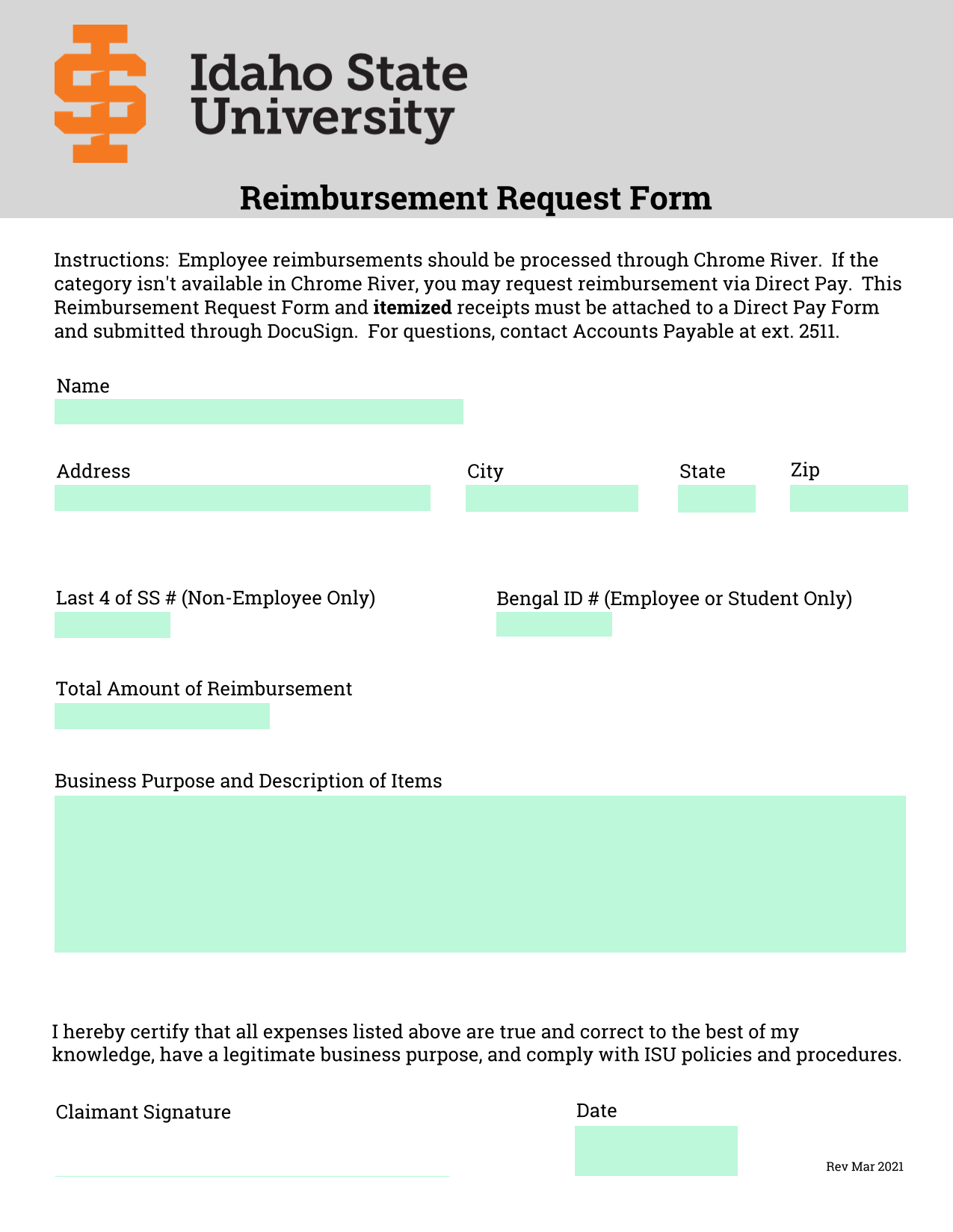 Reimbursement Request Form screenshot