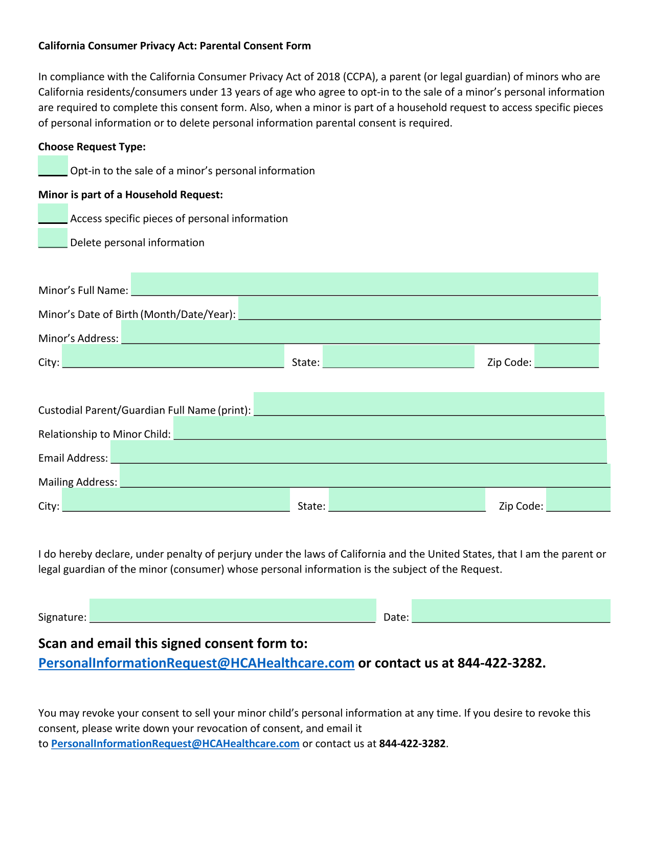California Consumer Privacy Act Parental Consent Form screenshot