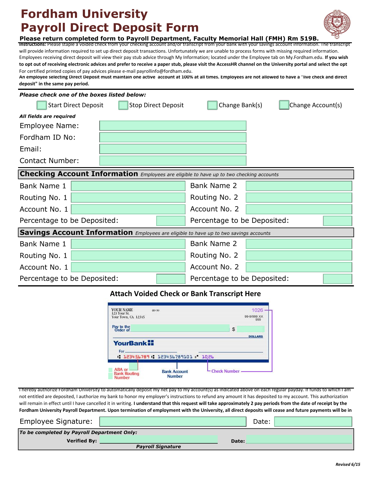 Payroll Direct Deposit Form screenshot