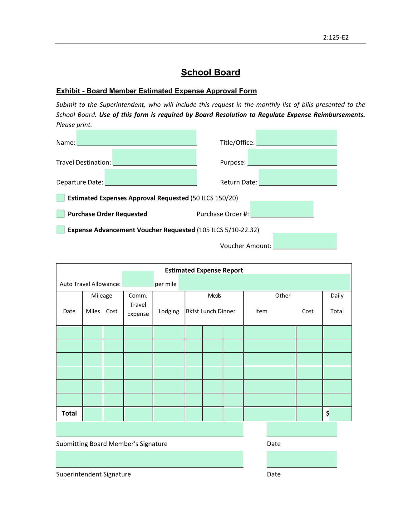 Board Member Estimated Expense Approval Form screenshot