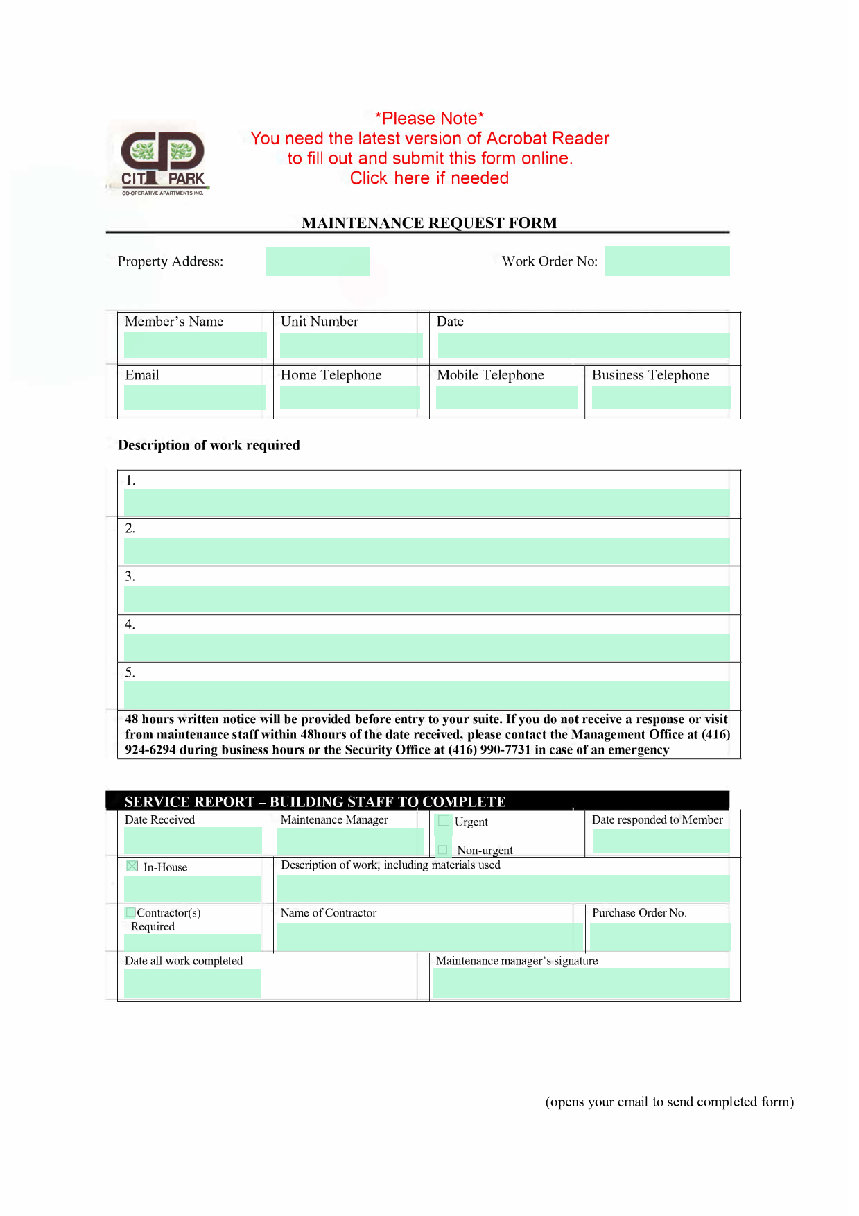 MAINTENANCE REQUEST FORM screenshot