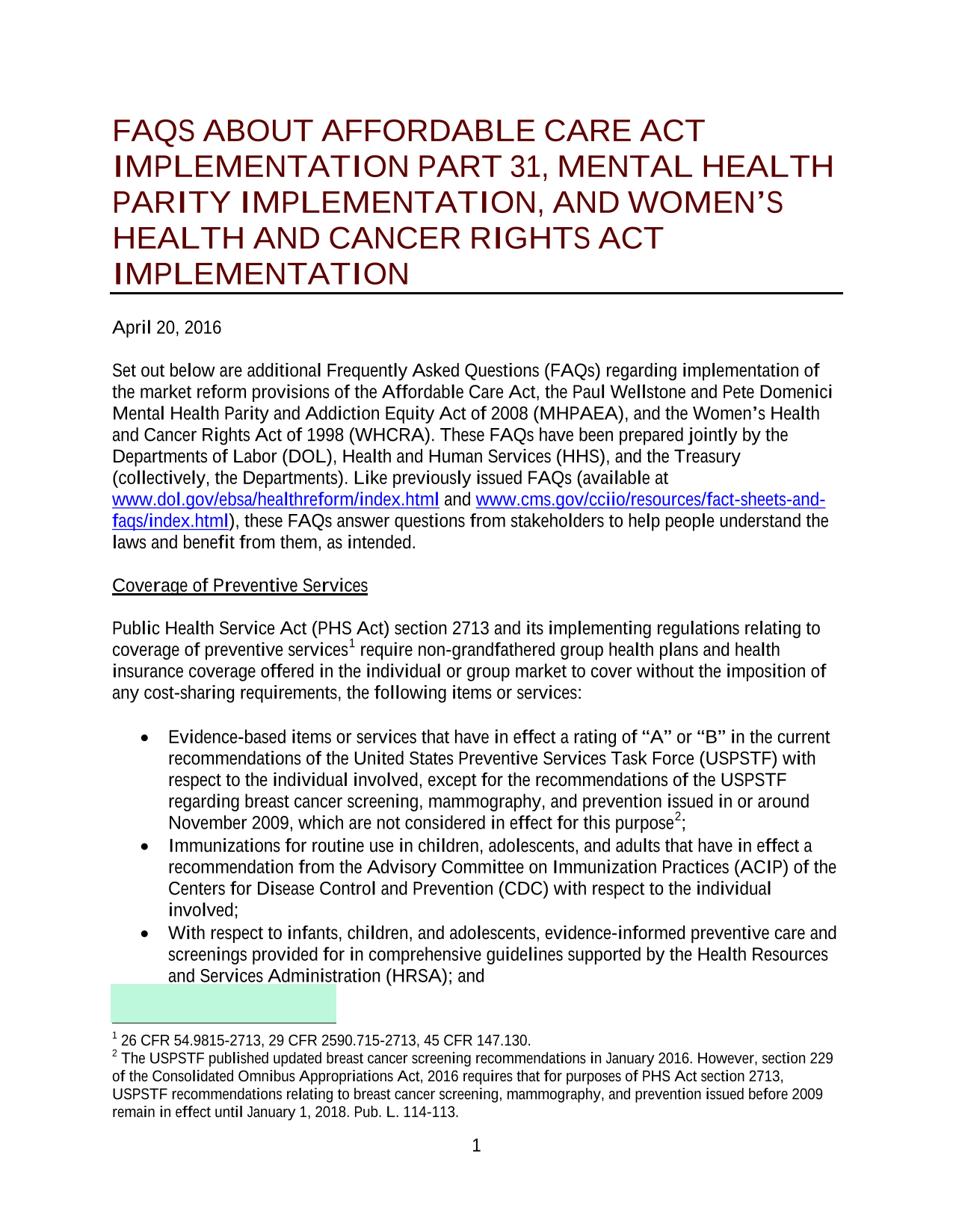 FAQs About Affordable Care Act Implementation Part 31, Mental Health Parity Implementation, And Wome screenshot