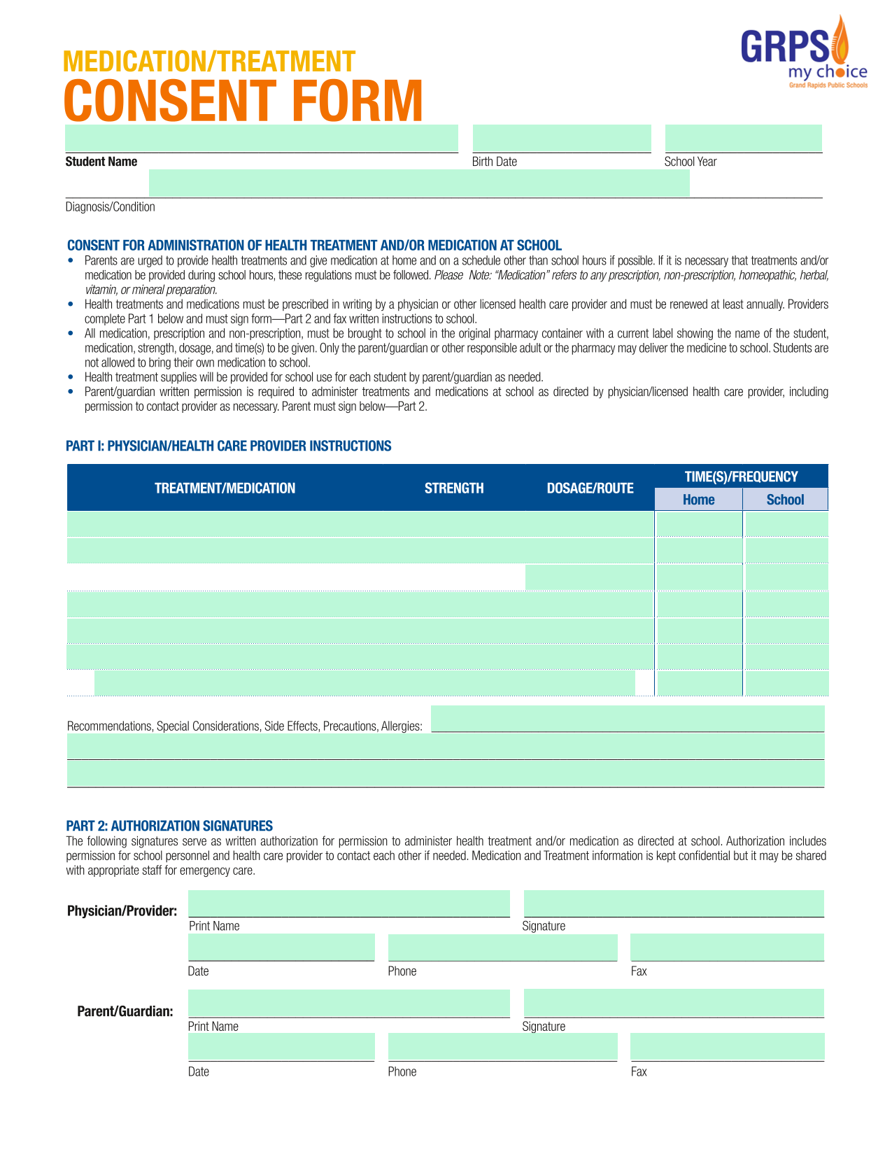 Consent For Administration Of Health Treatment AndOr Medication At School screenshot