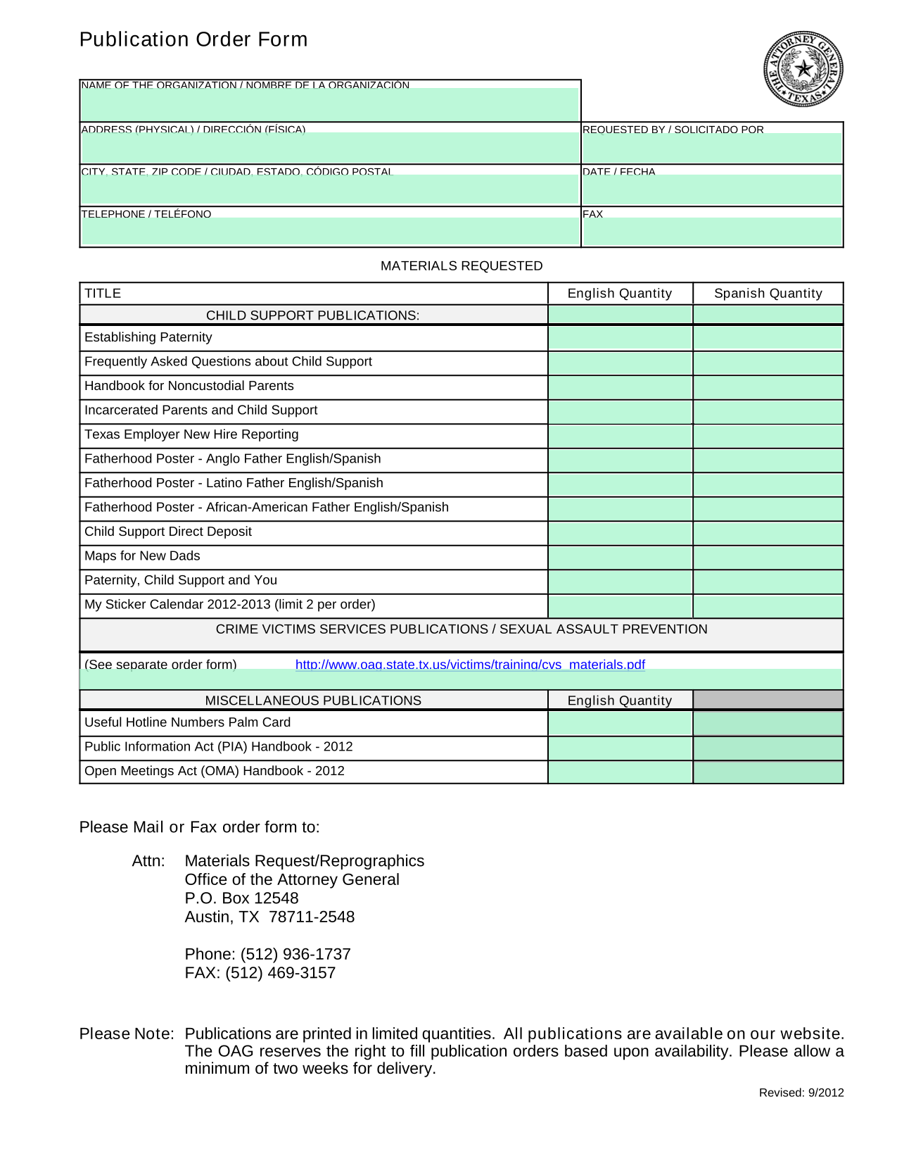 Publication Order Form screenshot