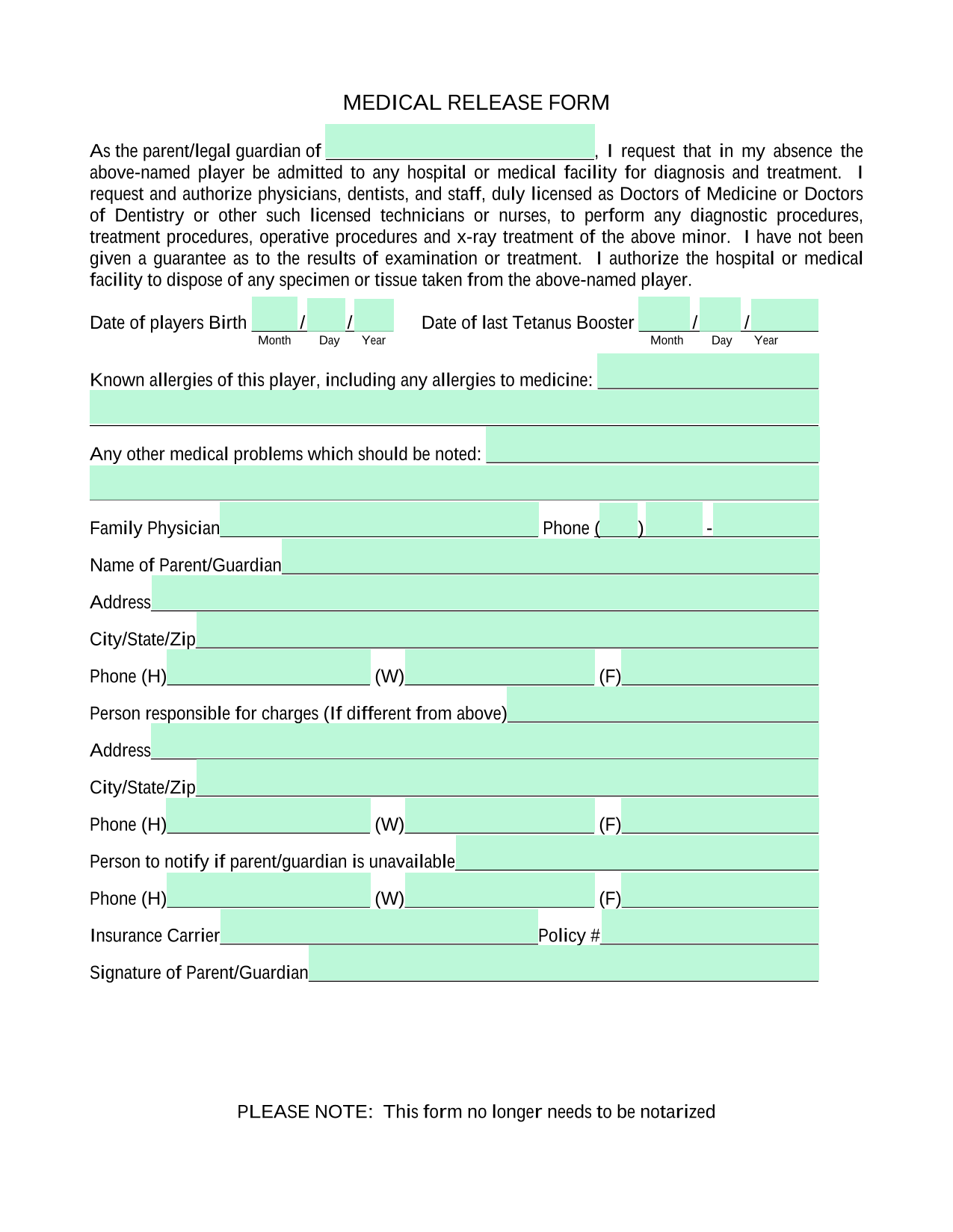 MEDICAL RELEASE FORM screenshot