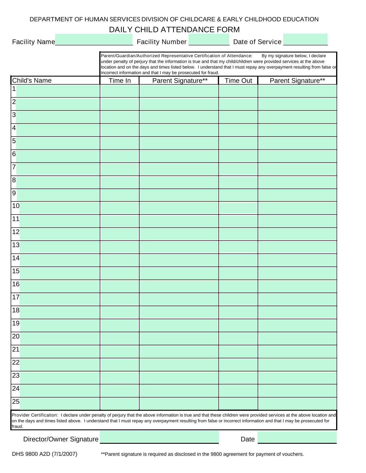 DAILY CHILD ATTENDANCE FORM screenshot