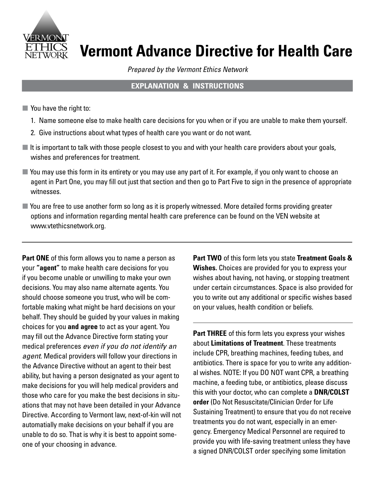 Vermont Advance Directive For Health Care screenshot