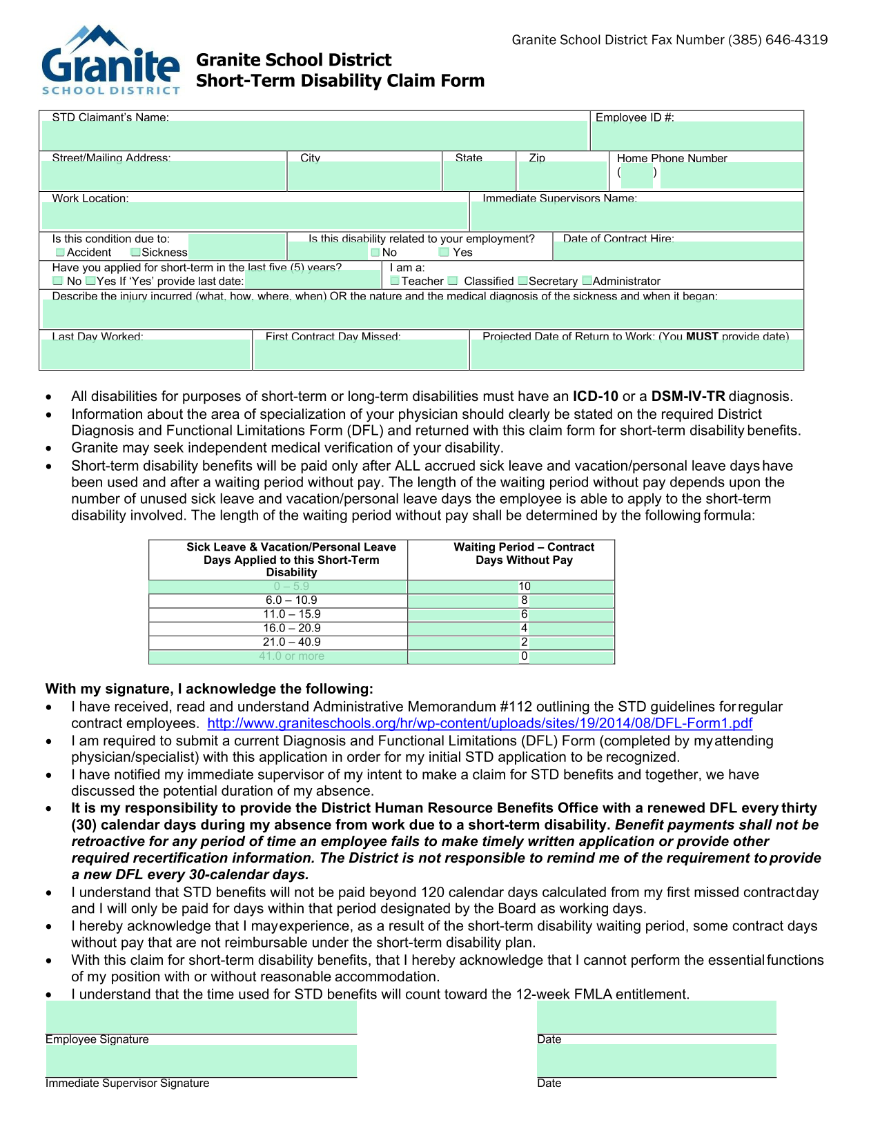 Granite School District Short Term Disability Claim Form screenshot