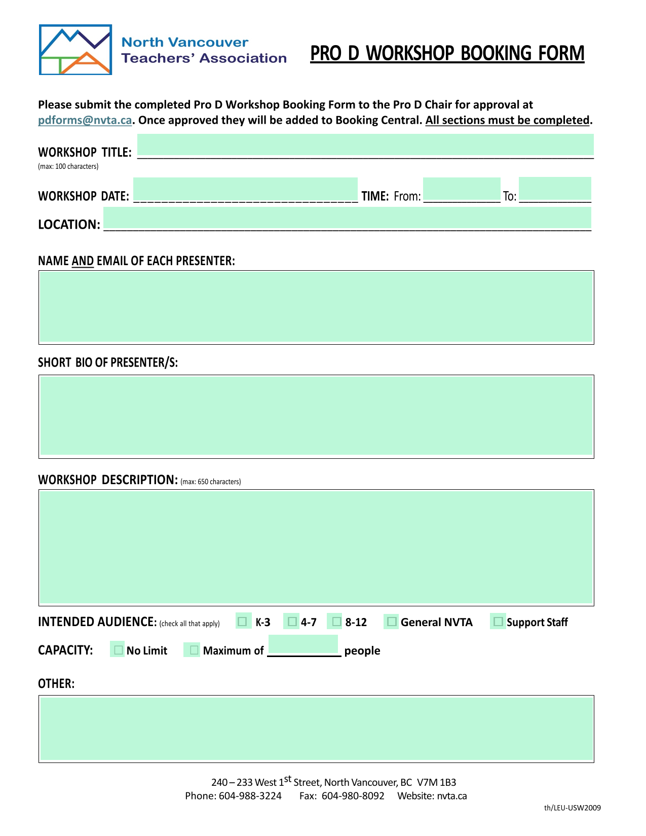PRO D WORKSHOP BOOKING FORM screenshot