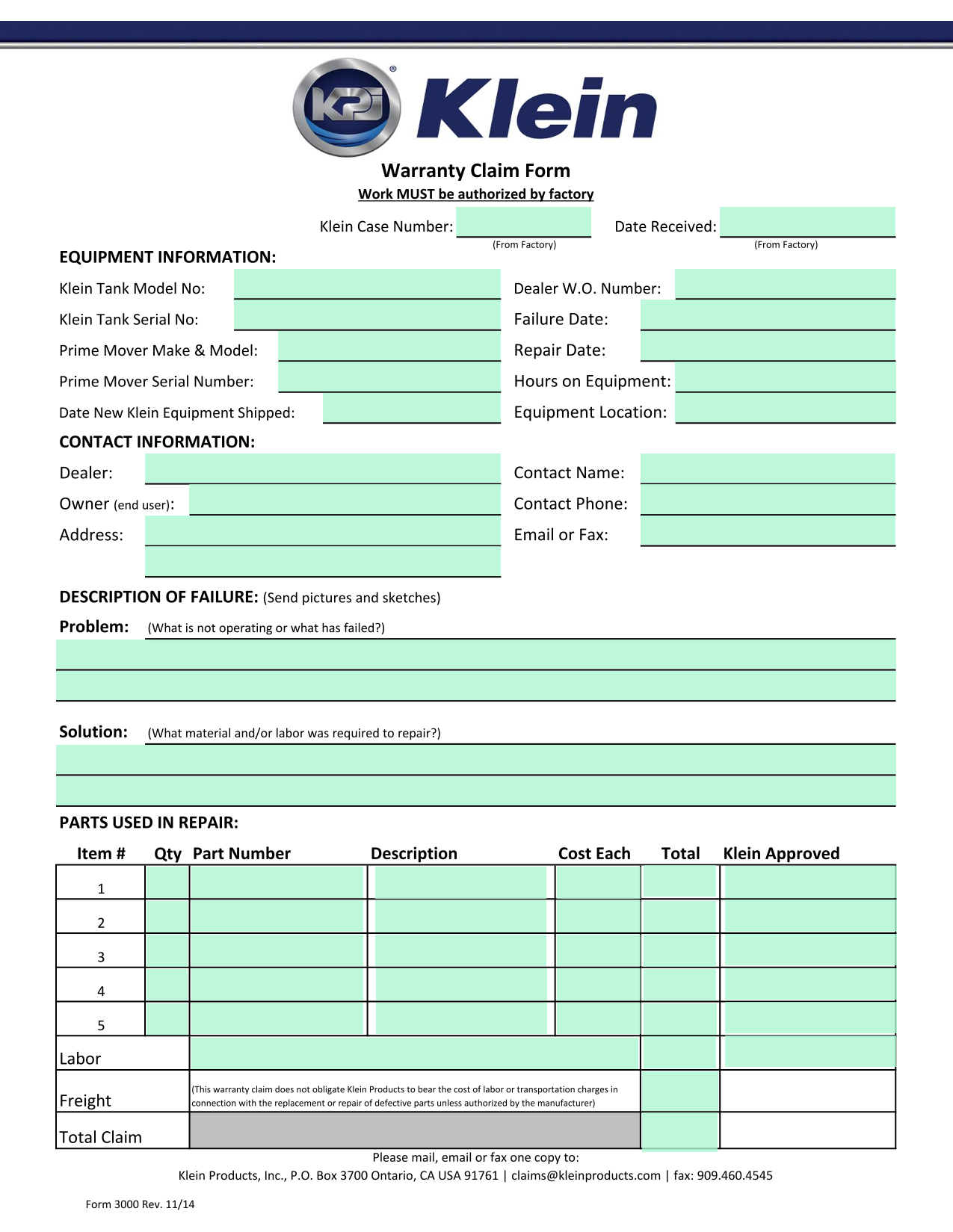 Warranty Claim Form screenshot