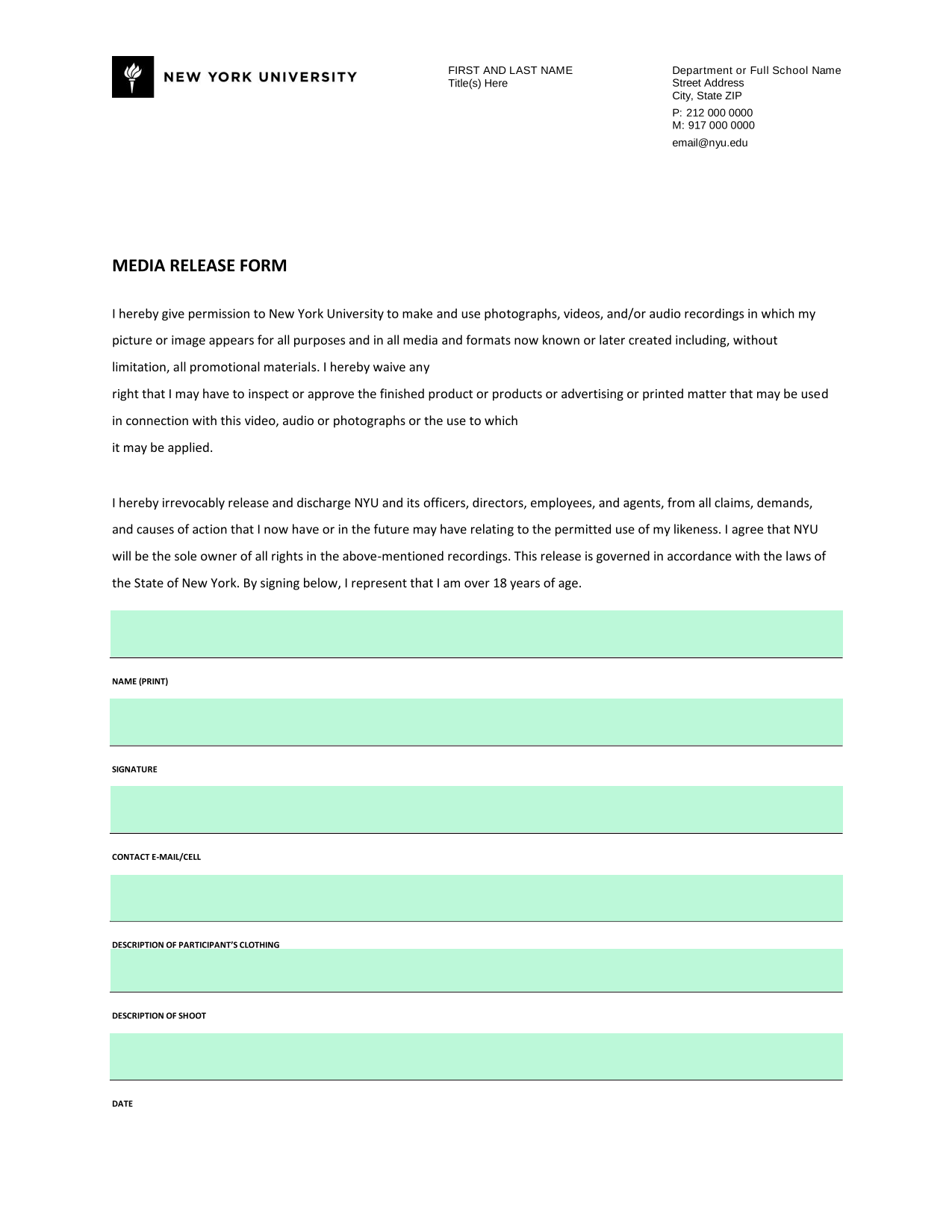 MEDIA RELEASE FORM screenshot