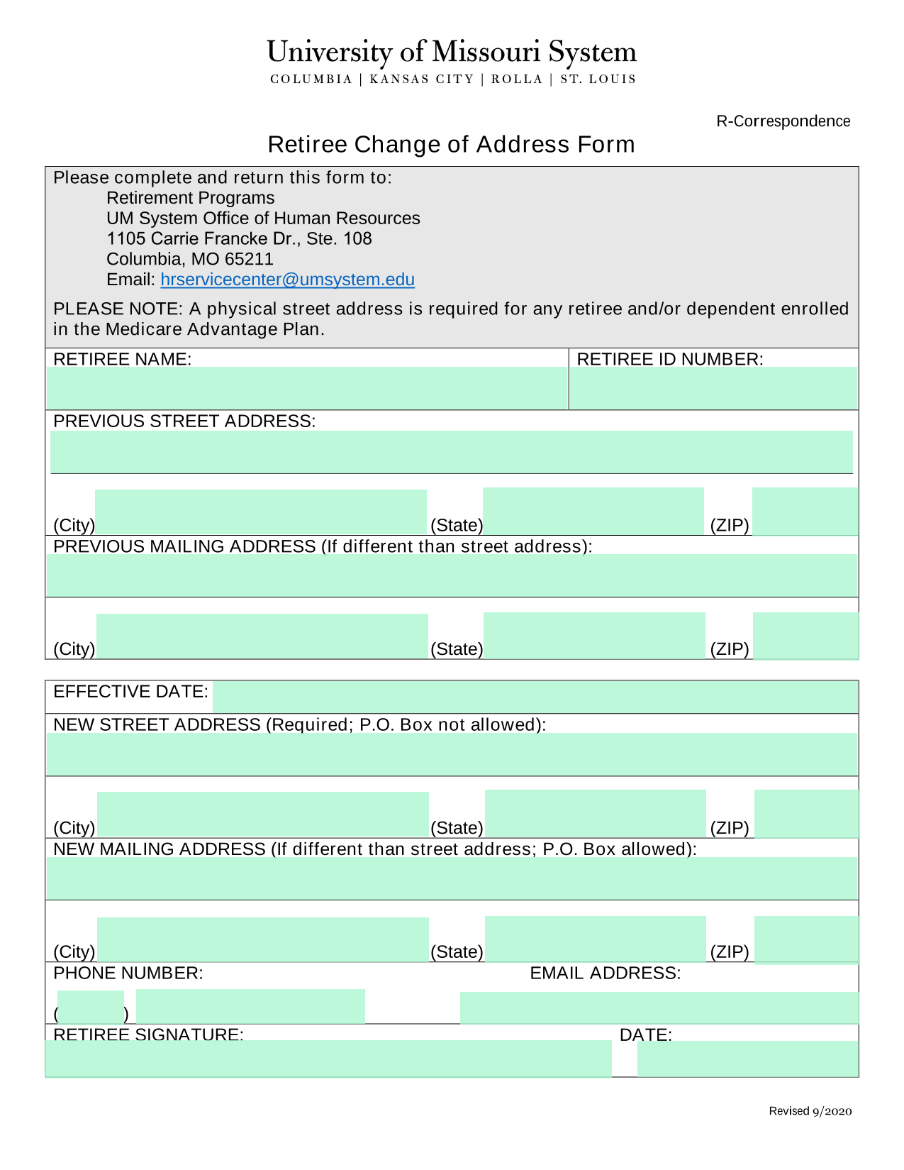 Retiree Change Of Address Form screenshot