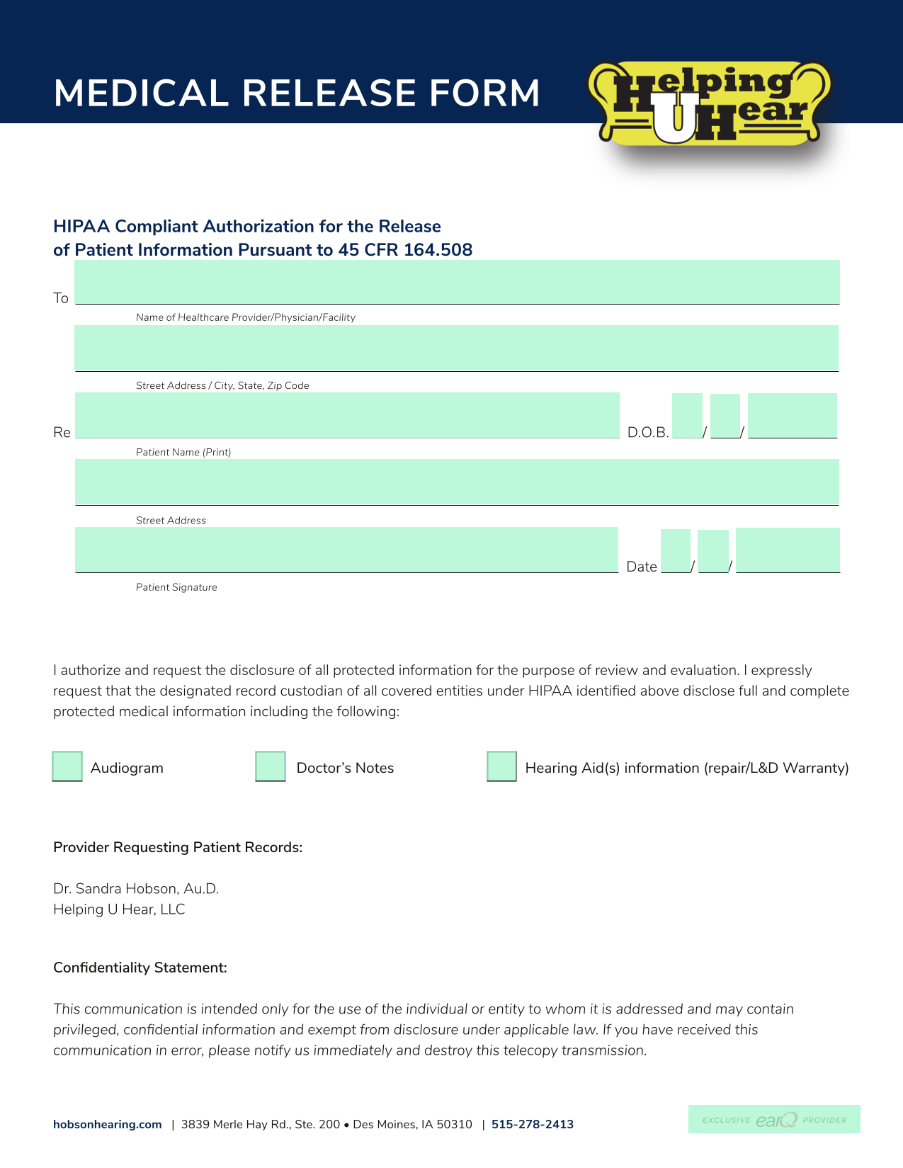 MEDICAL RELEASE FORM screenshot