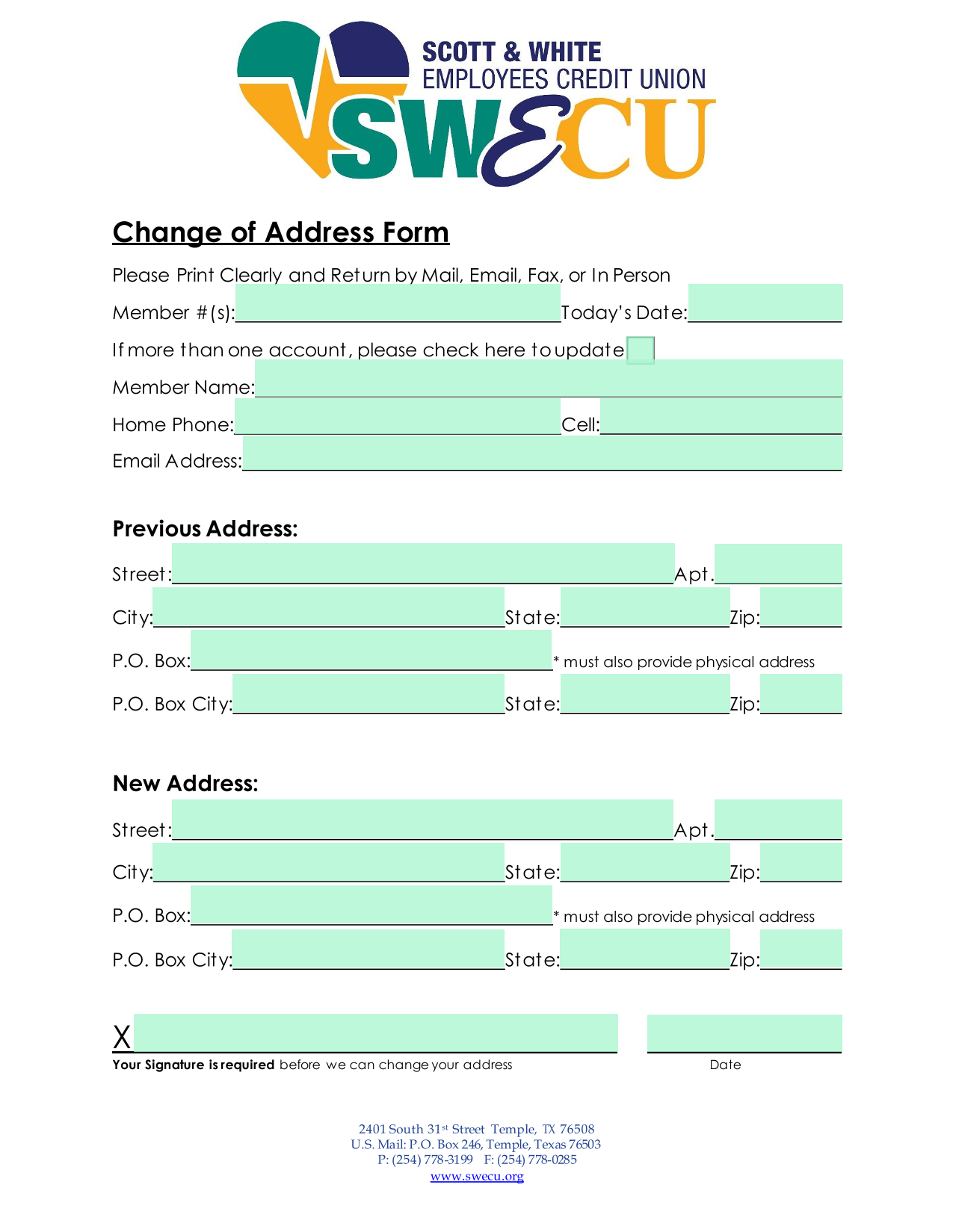 Change Of Address Form screenshot