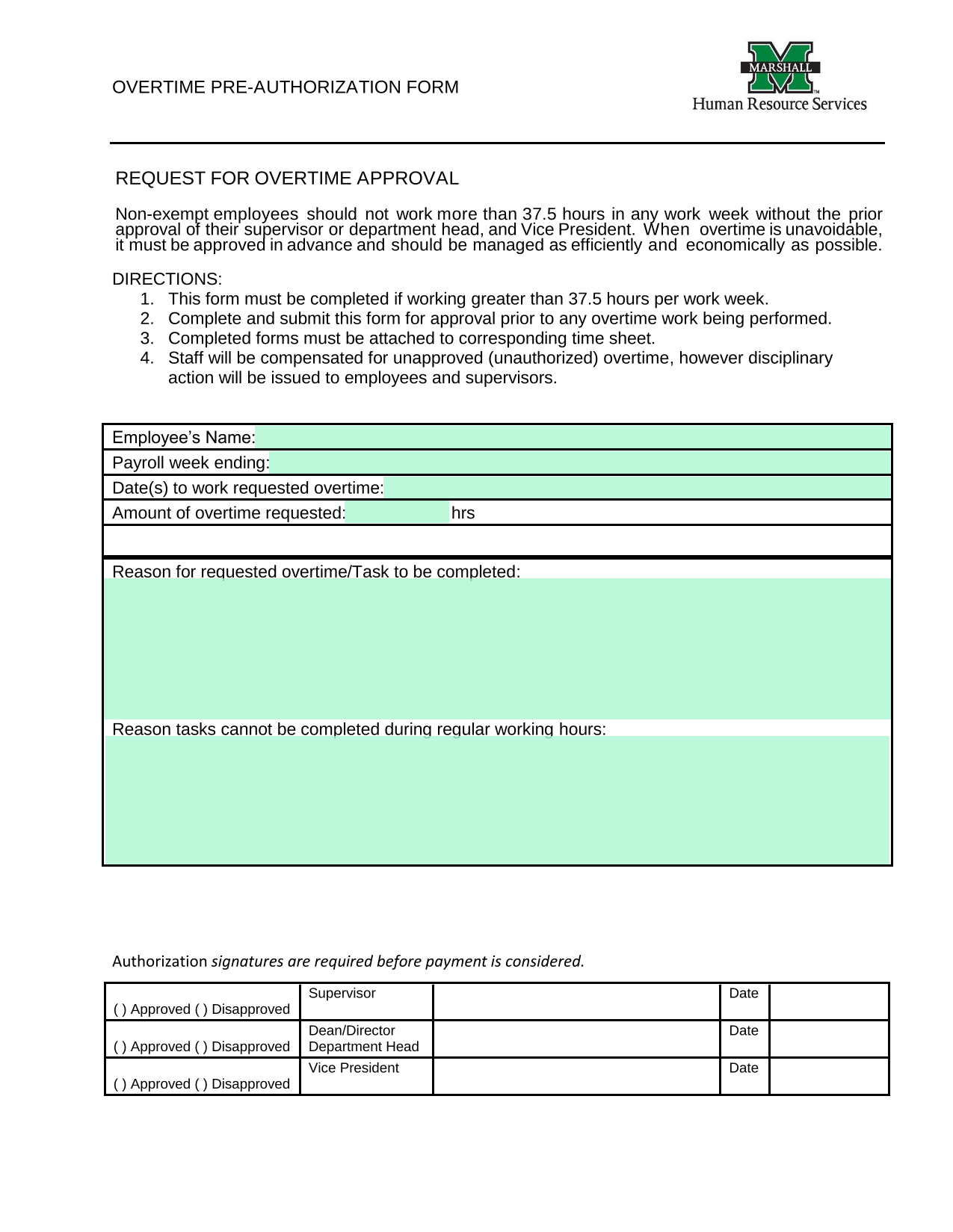 OVERTIME PRE AUTHORIZATION FORM screenshot