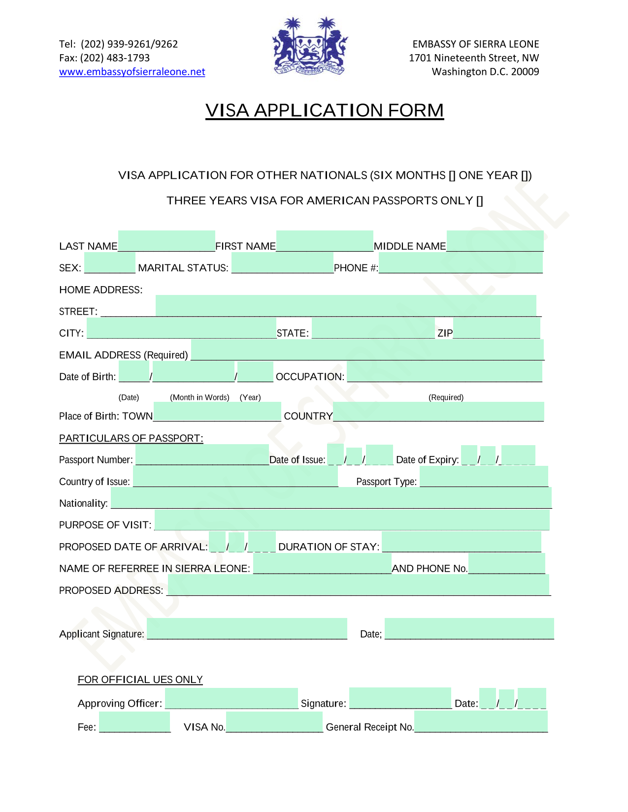 VISA APPLICATION FORM screenshot