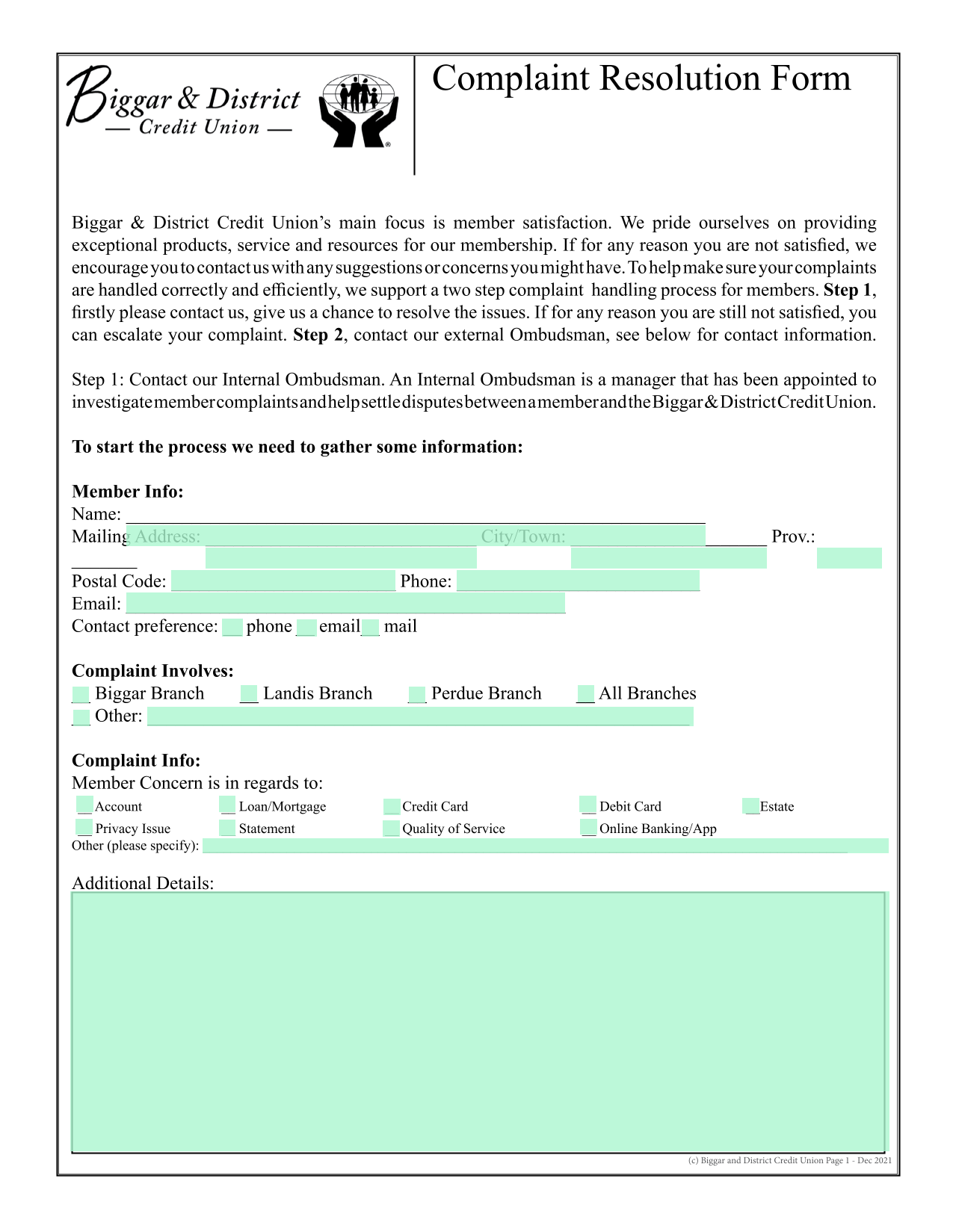 Complaint Resolution Form screenshot