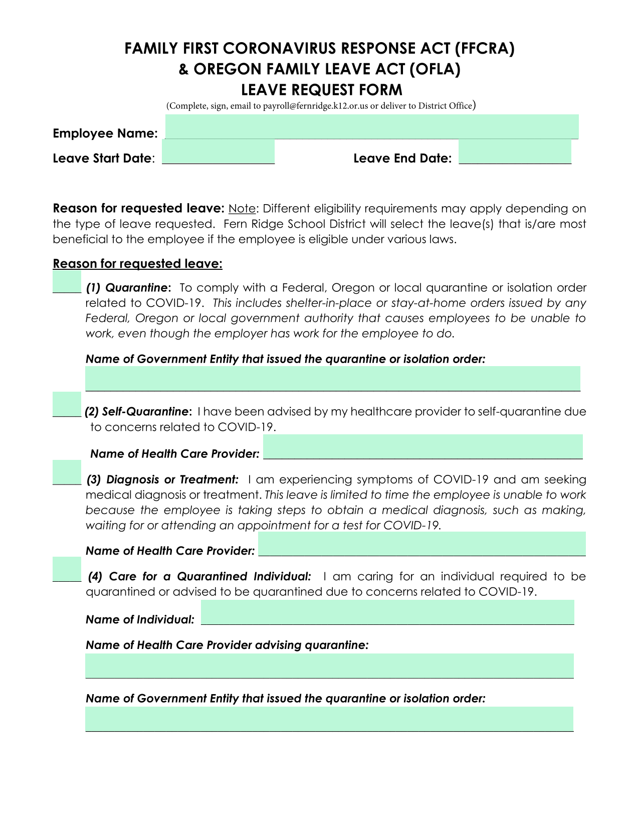 FAMILY FIRST CORONAVIRUS RESPONSE ACT (FFCRA)  OREGON FAMILY LEAVE ACT (OFLA) LEAVE REQUEST FORM screenshot