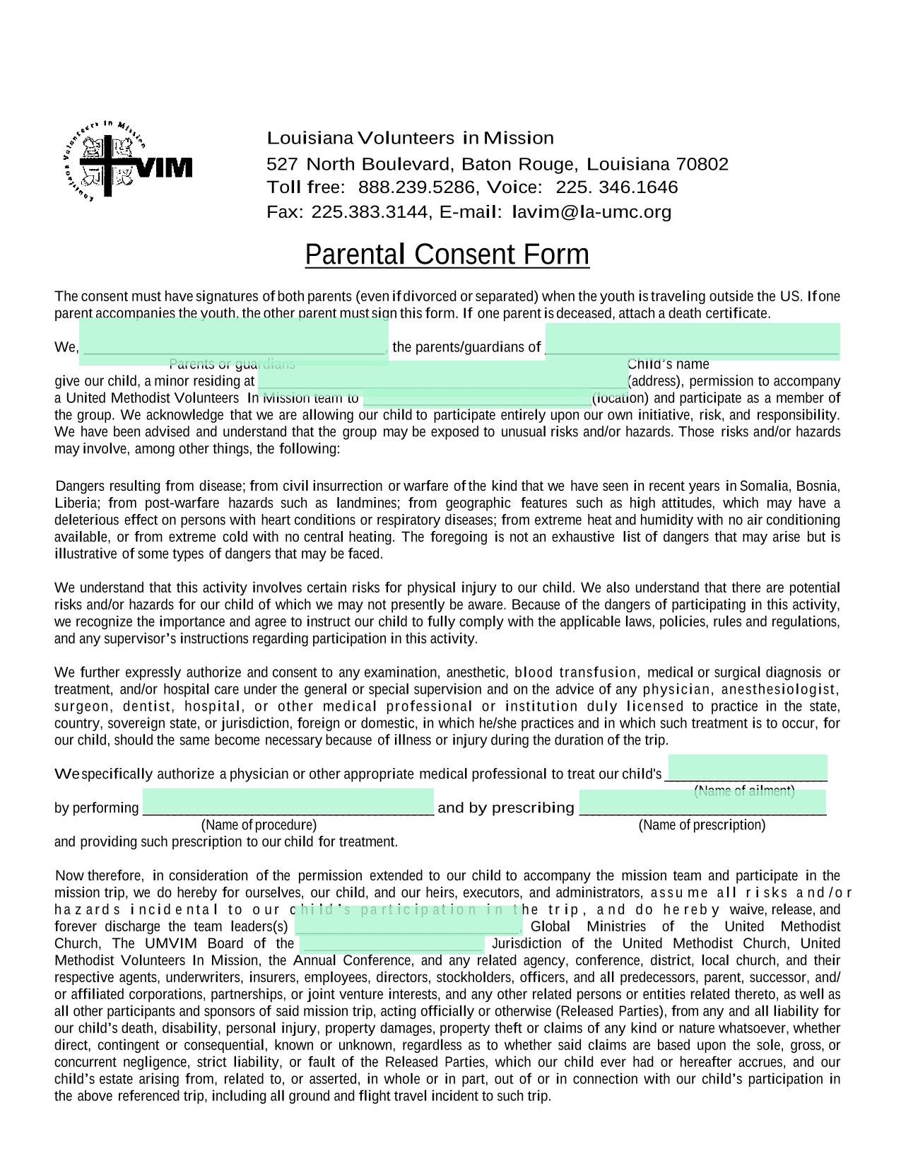 Parental Consent Form screenshot