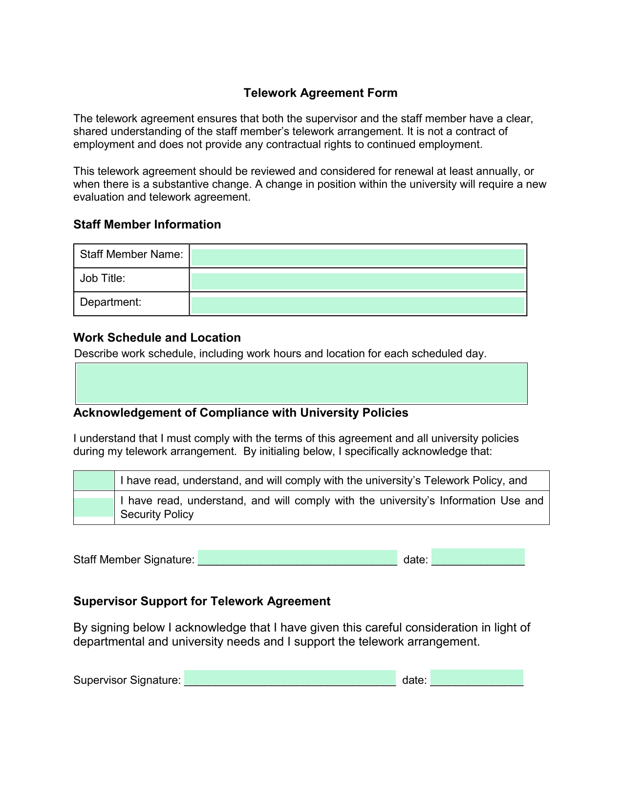 Telework Agreement Form screenshot