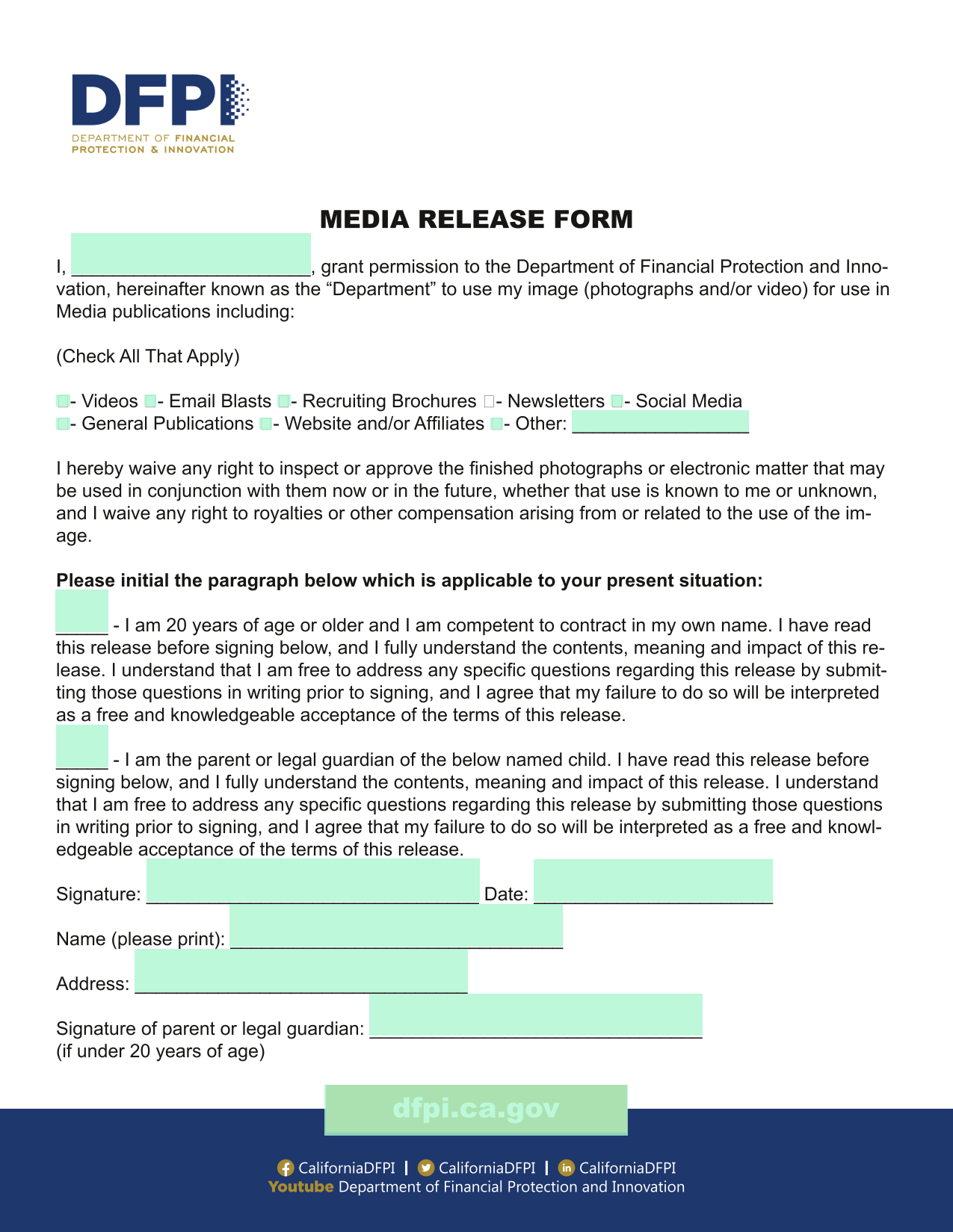 Media Release Form screenshot
