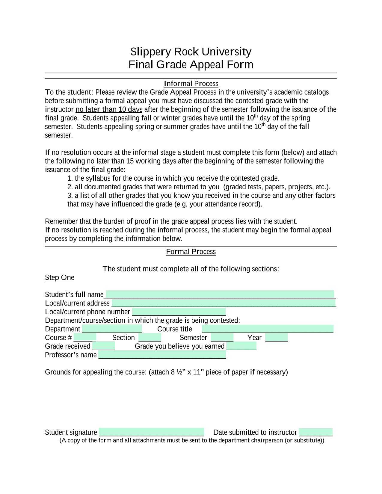 Final Grade Appeal Form screenshot