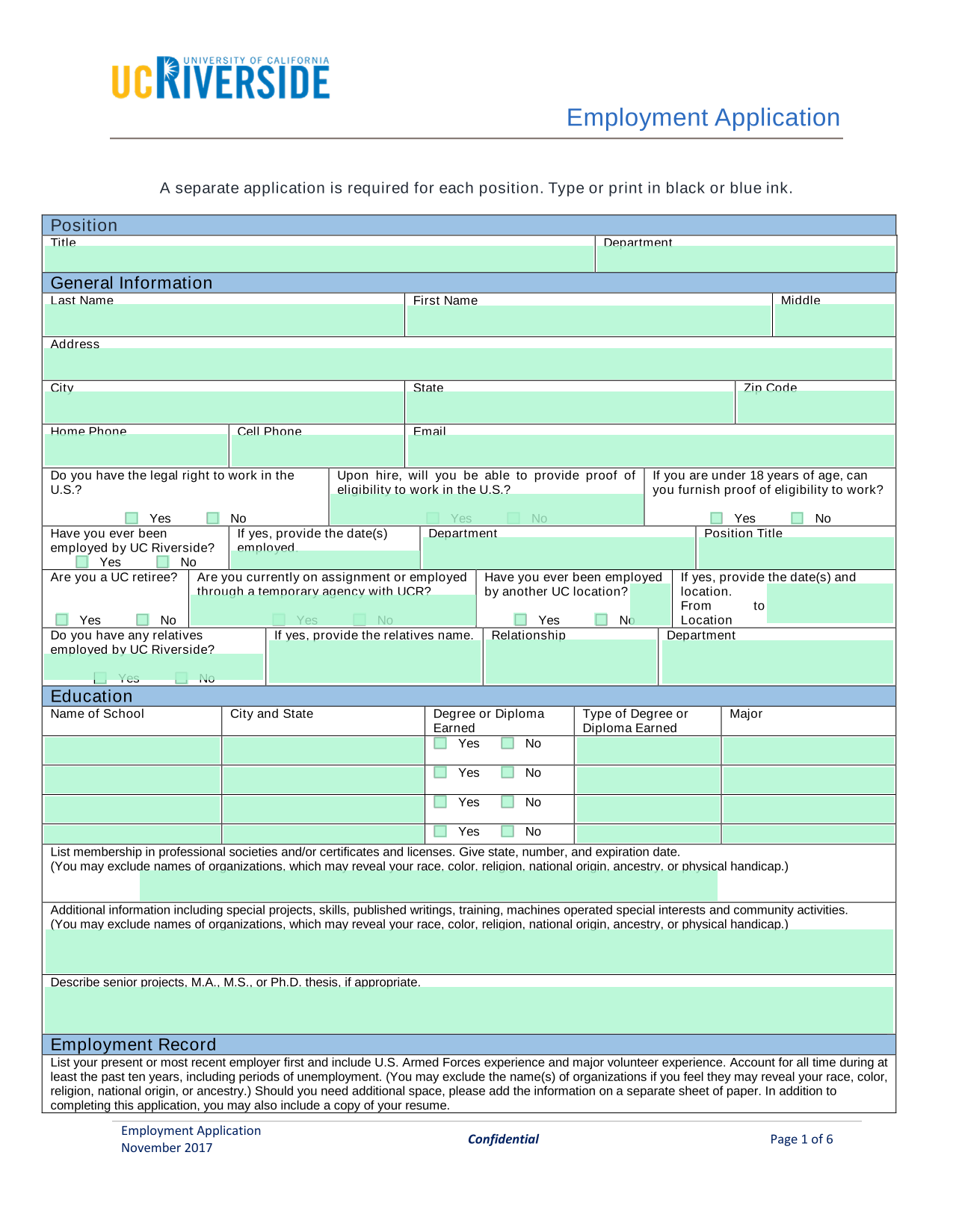 Employment Application screenshot