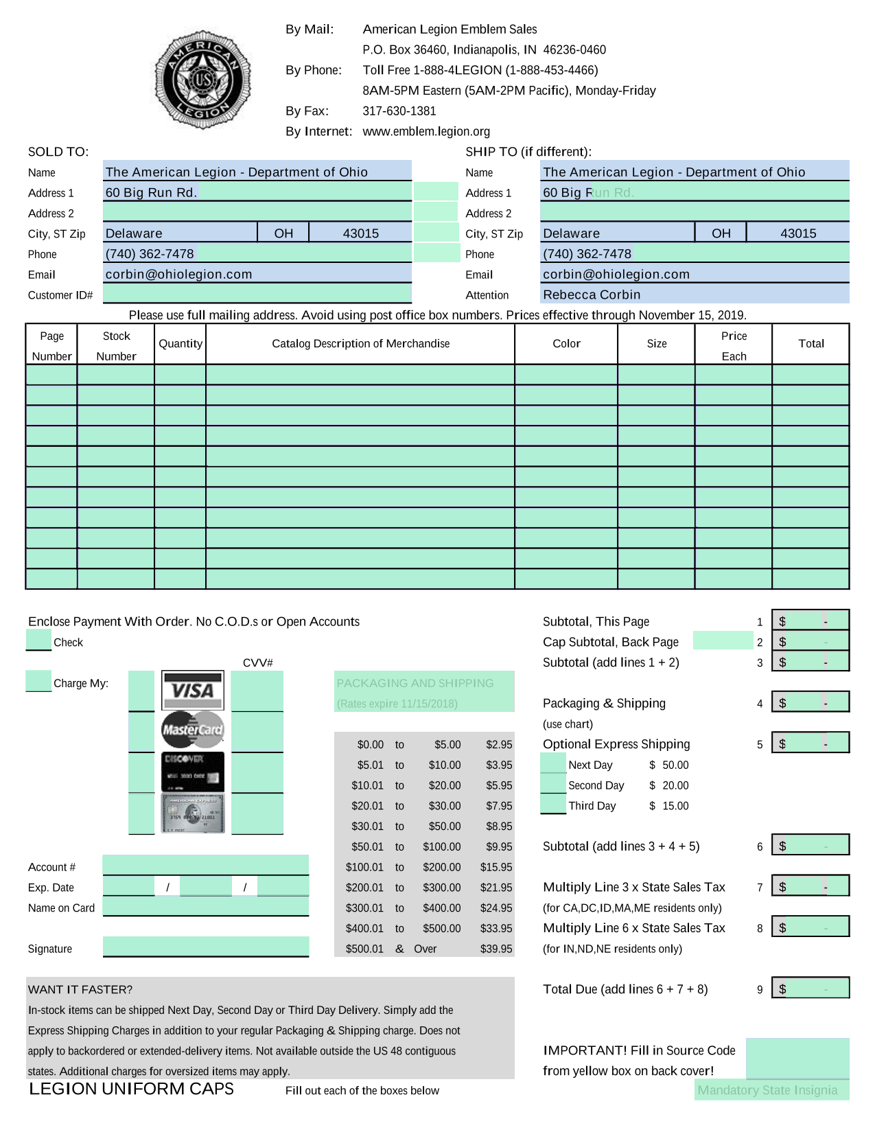 American Legion Emblem Sales Order Form screenshot