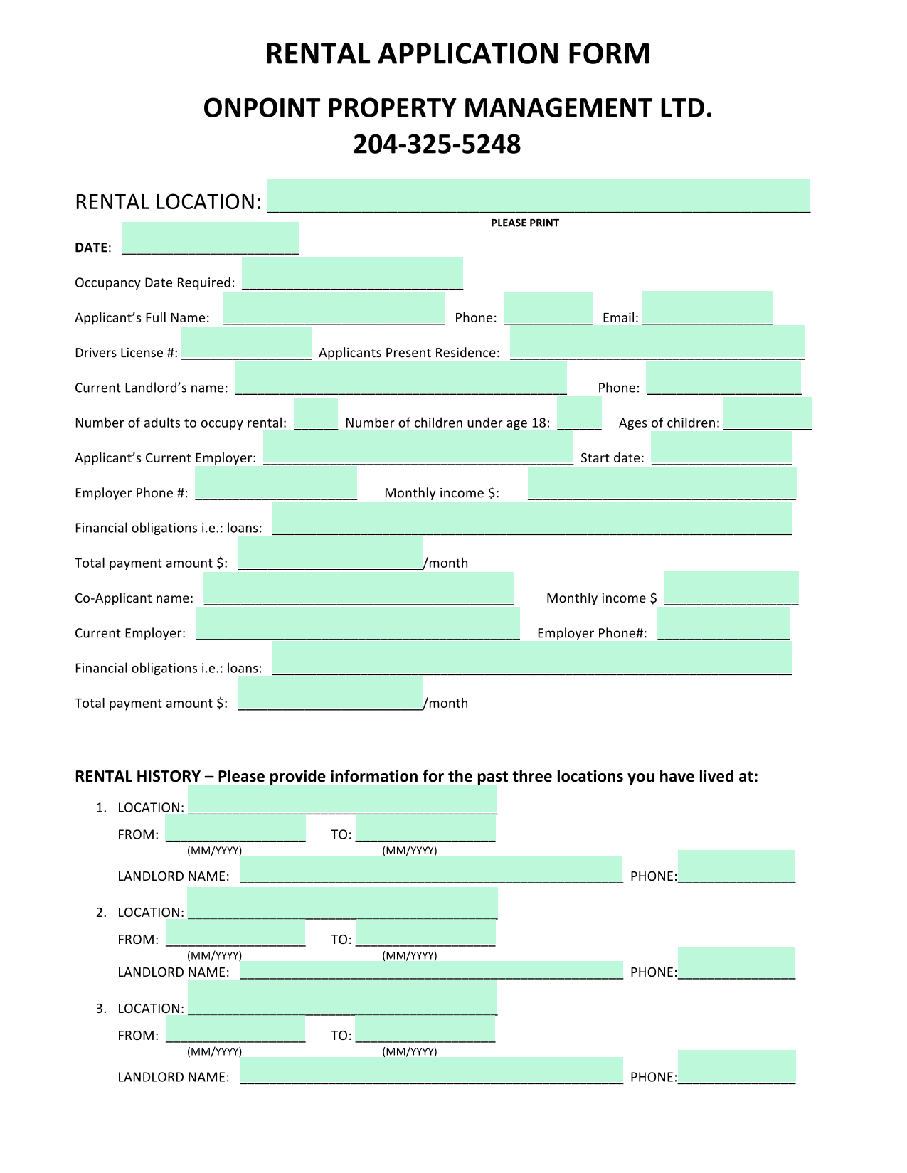 Rental Application Form screenshot