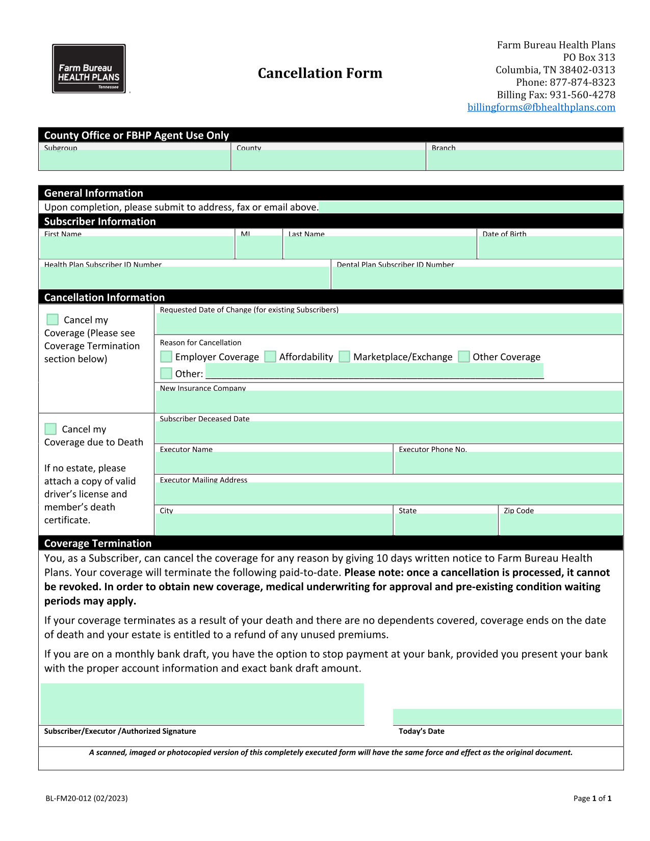 Cancellation Form screenshot