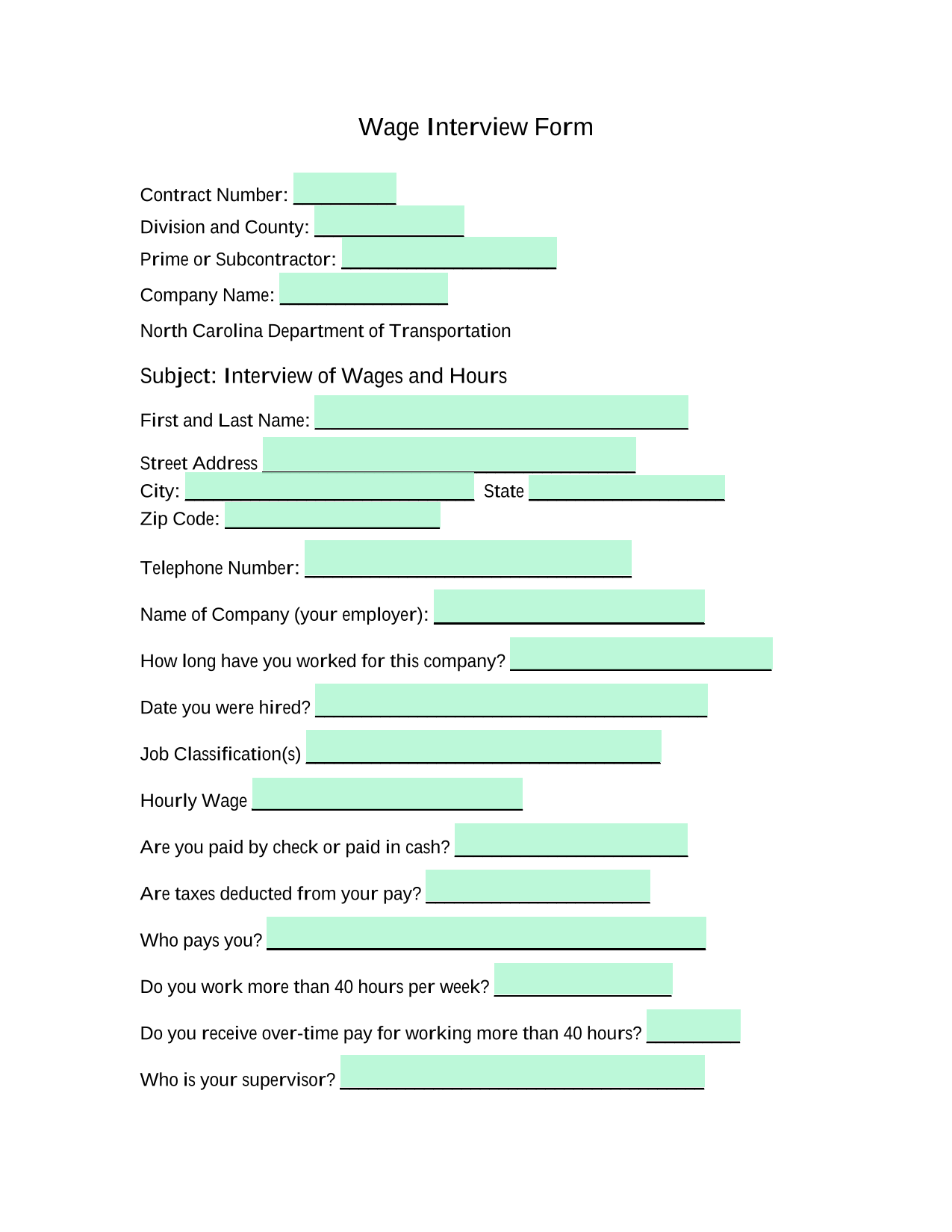 Wage Interview Form screenshot