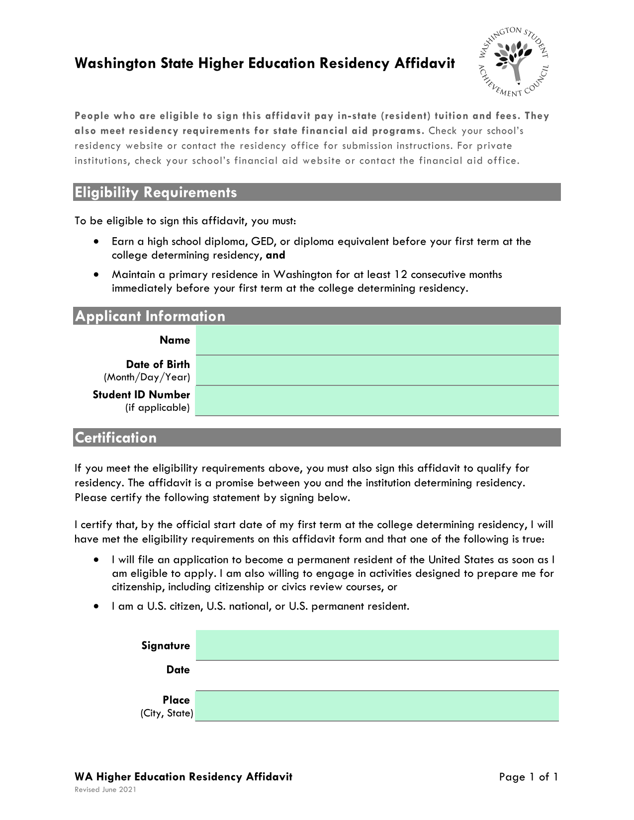 Washington State Higher Education Residency Affidavit screenshot