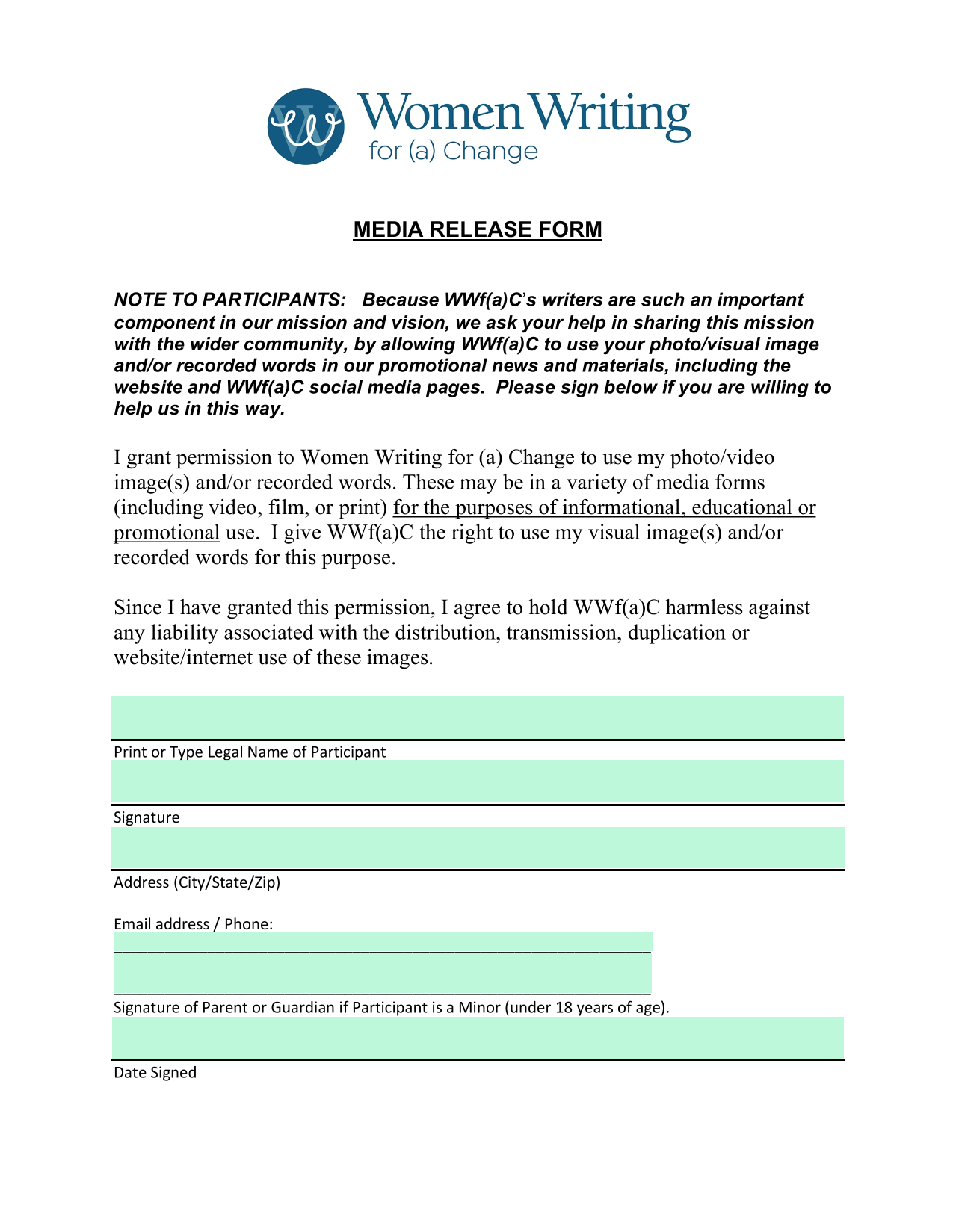 MEDIA RELEASE FORM screenshot