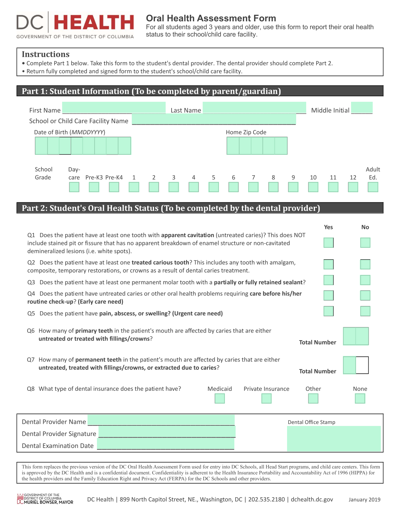Oral Health Assessment Form screenshot