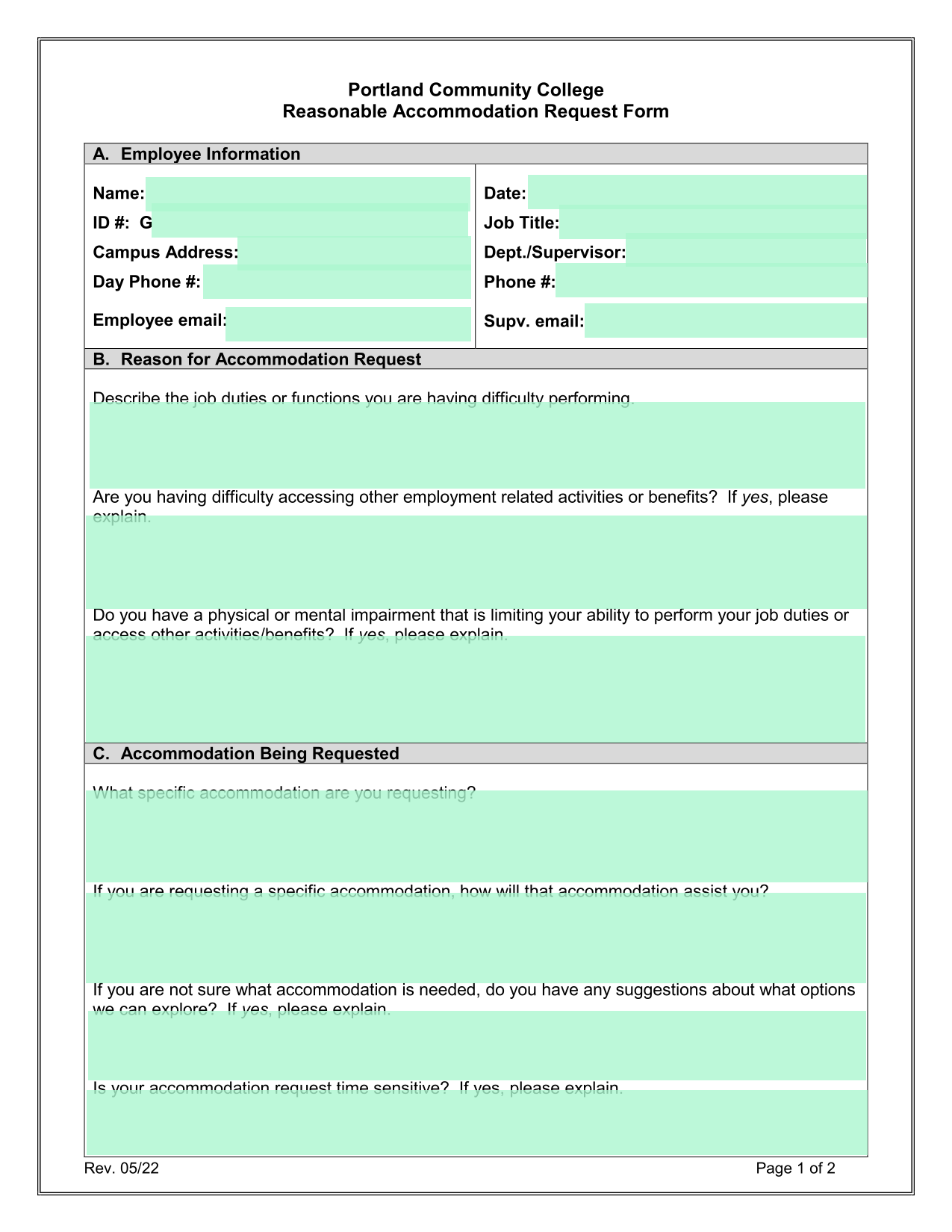 Reasonable Accommodation Request Form screenshot