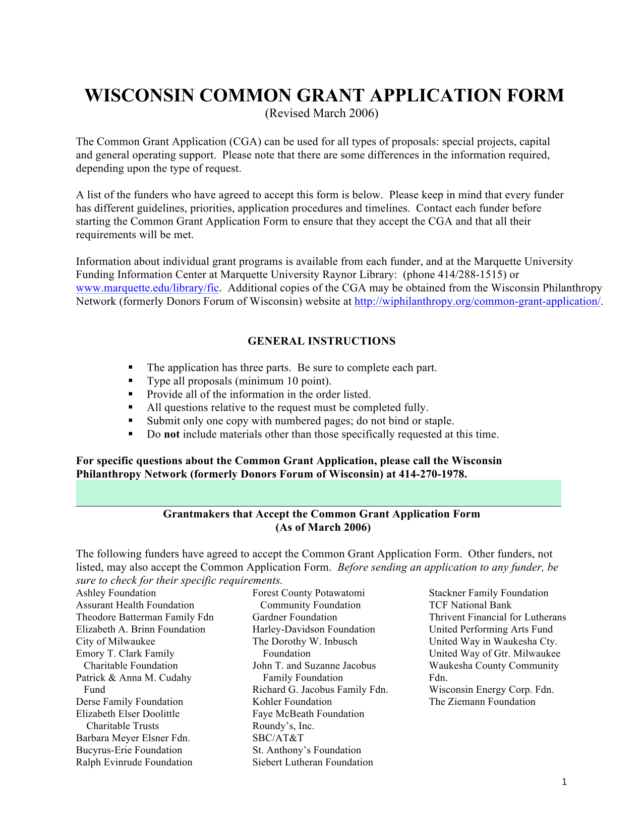 Wisconsin Common Grant Application Form screenshot