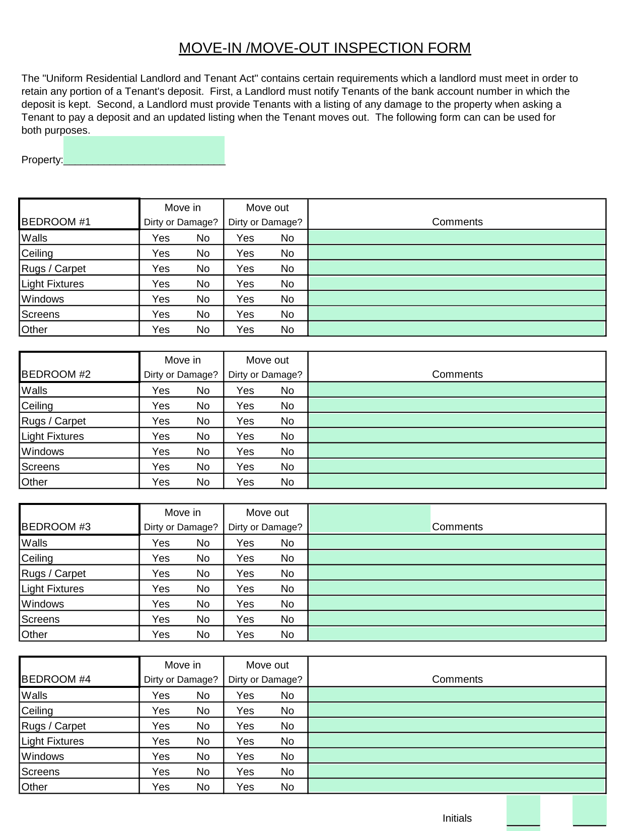 MOVE IN MOVE OUT INSPECTION FORM screenshot