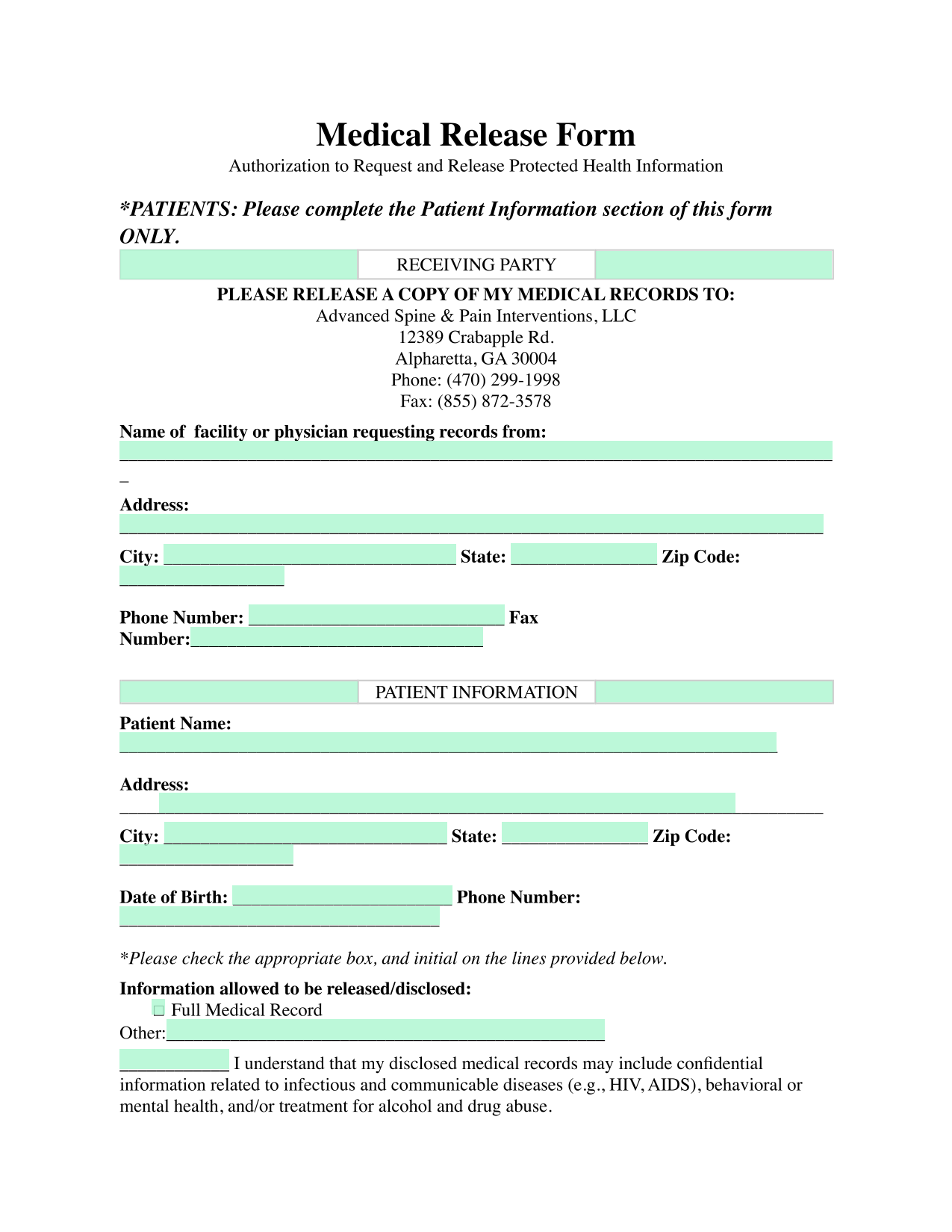 Medical Release Form screenshot