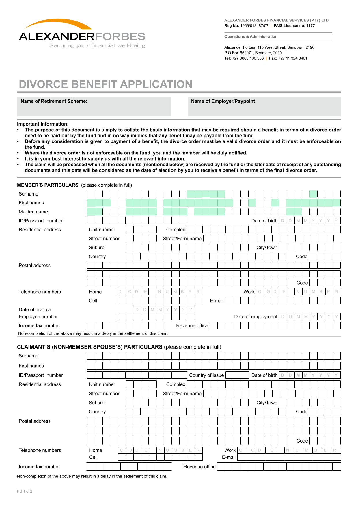 Retirement Scheme Divorce Benefit Information Form screenshot