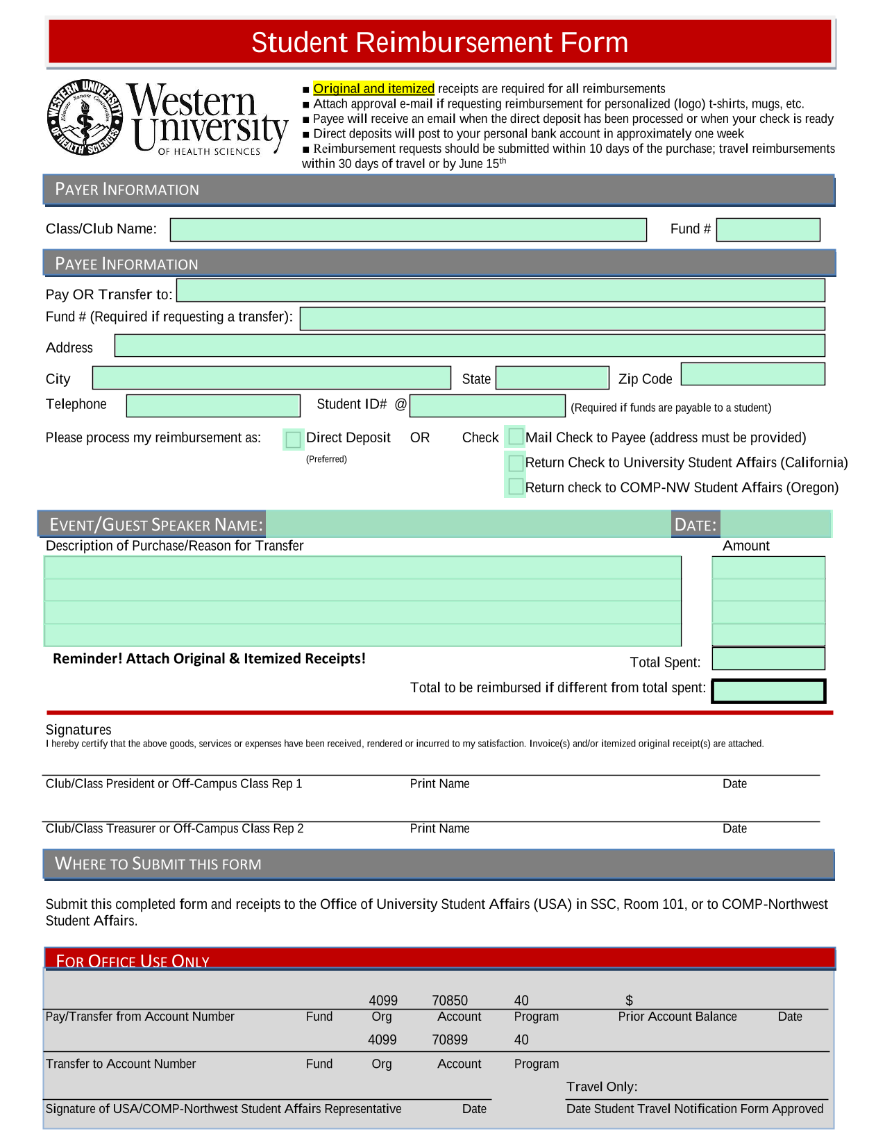 Reimbursement Request Form screenshot