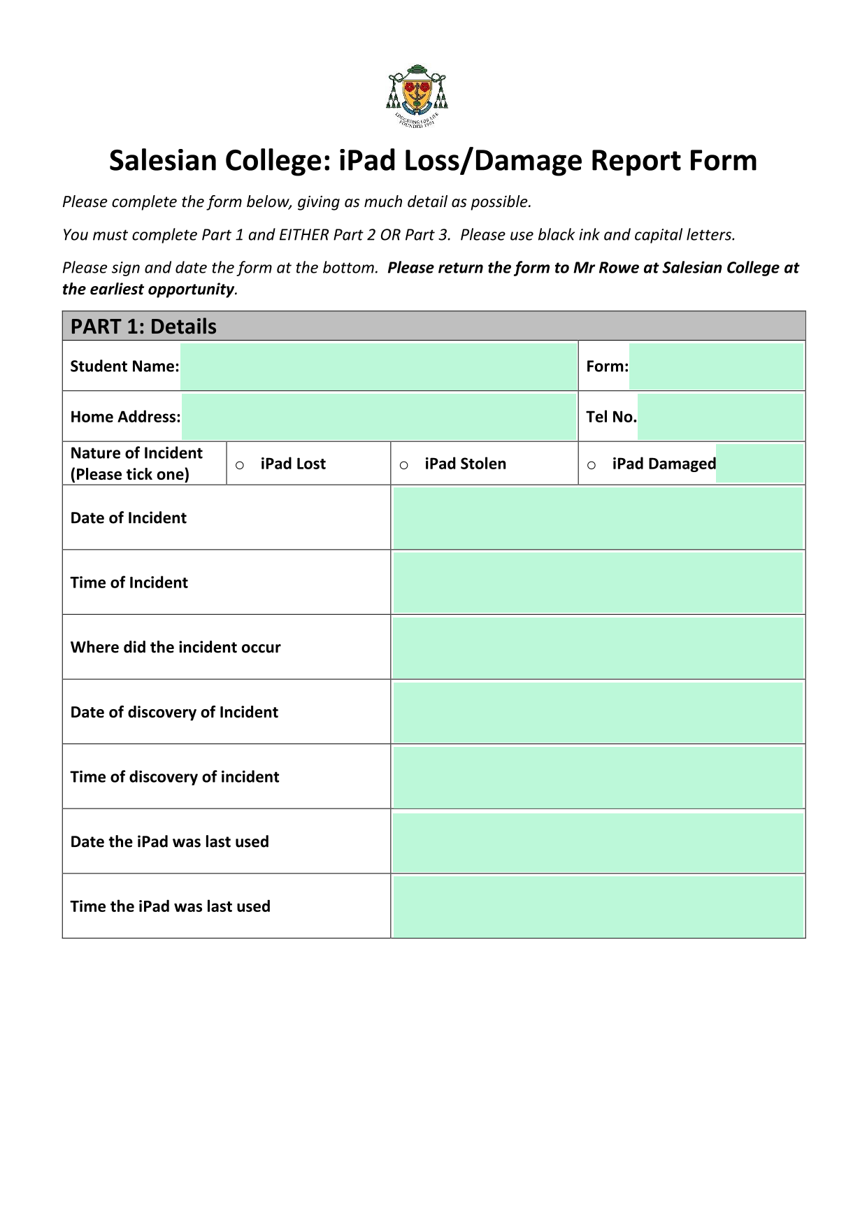 Salesian College IPad LossDamage Report Form screenshot
