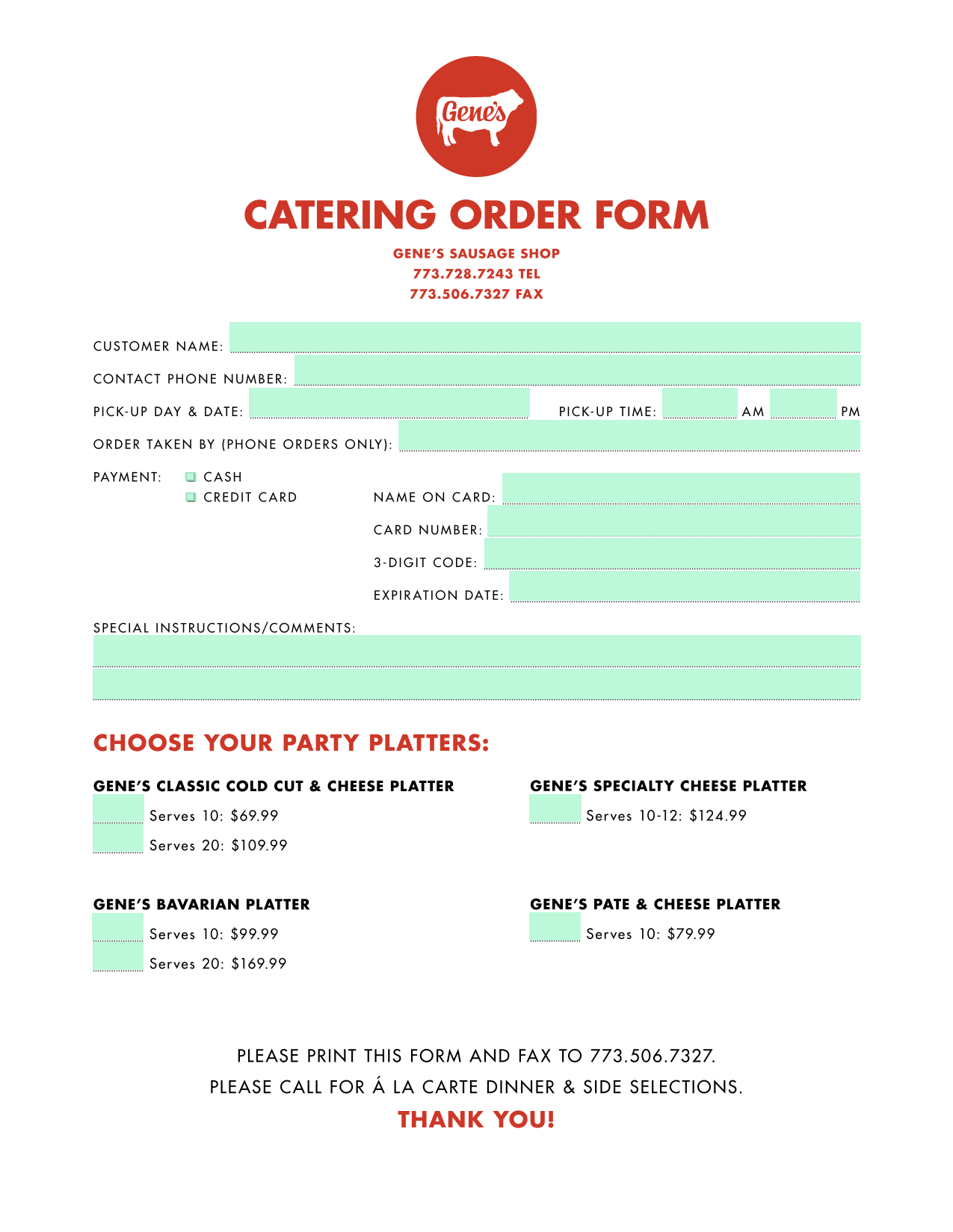 Catering Order Form screenshot