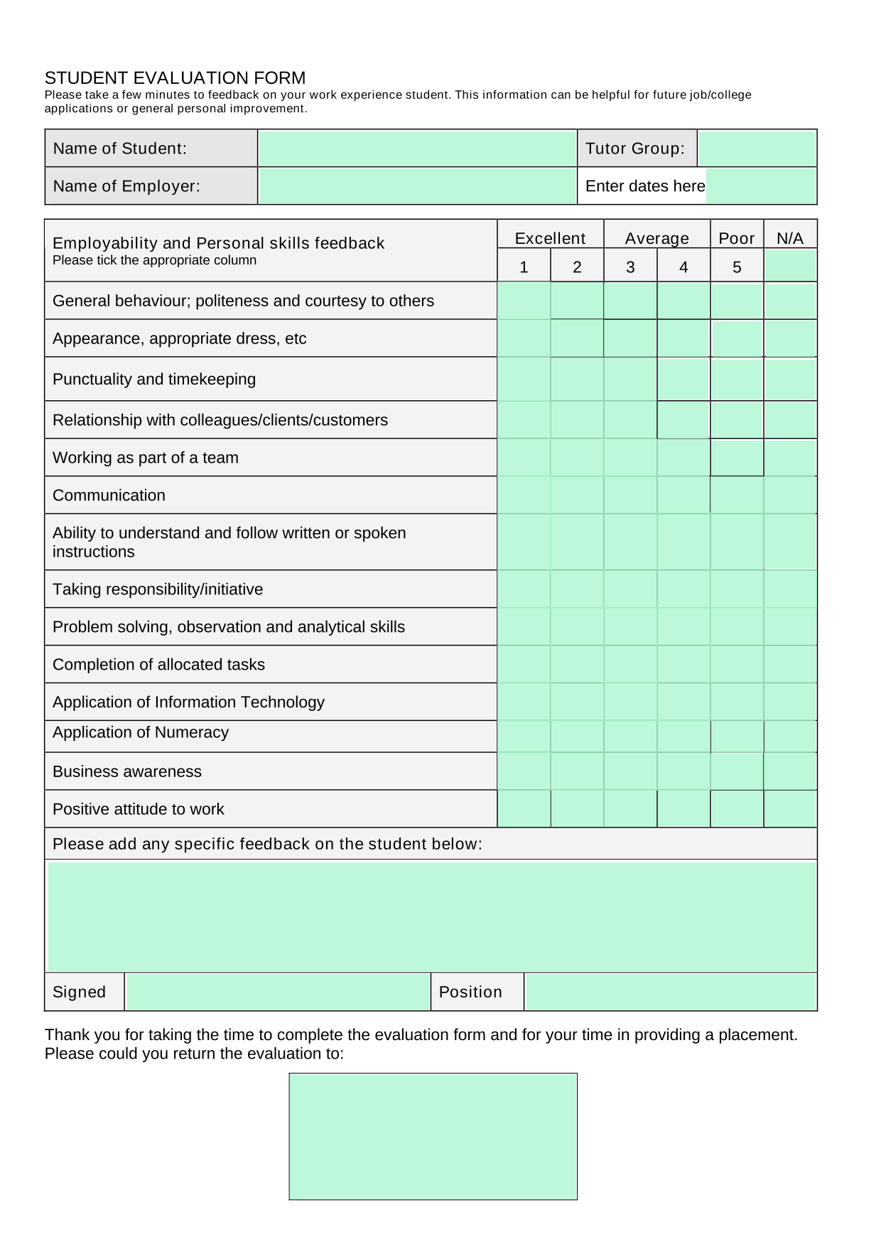 Student Evaluation Form screenshot