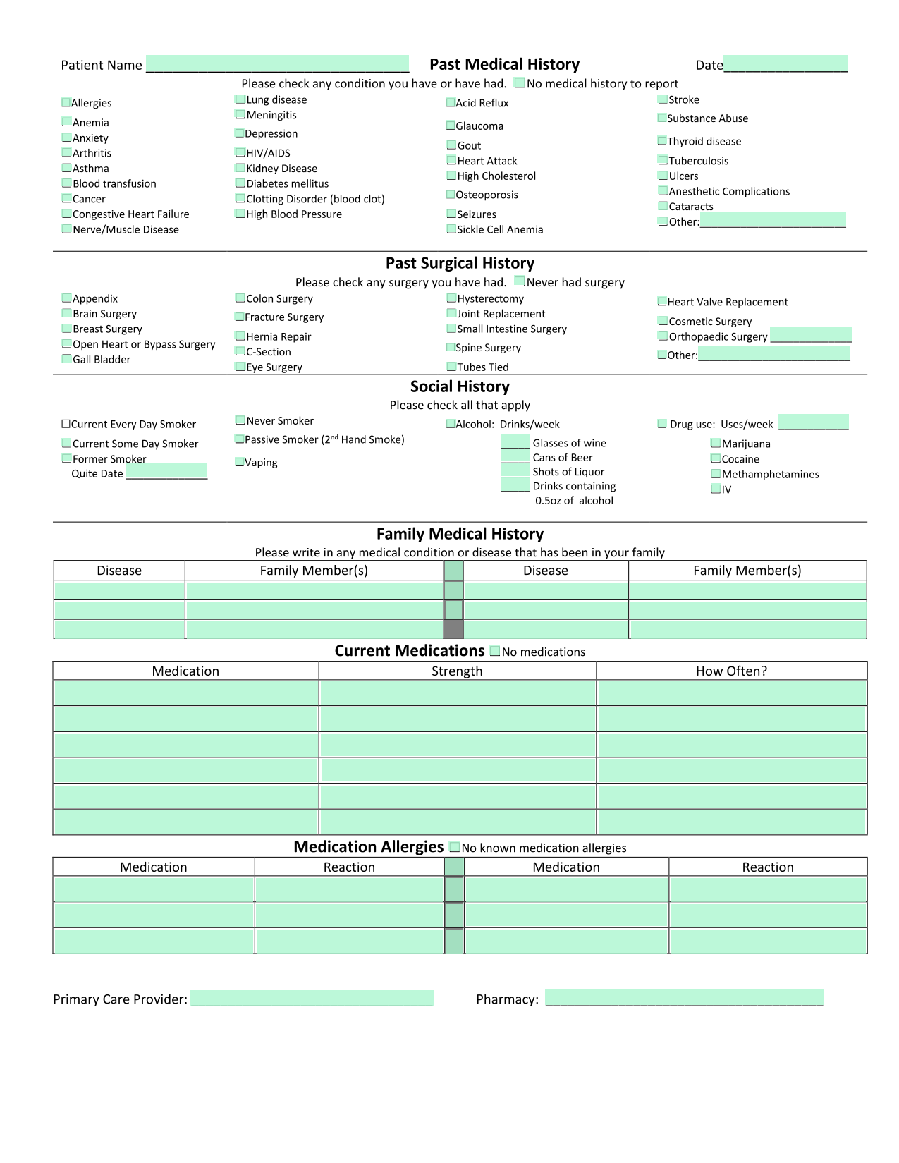 Patient Medical History Form screenshot