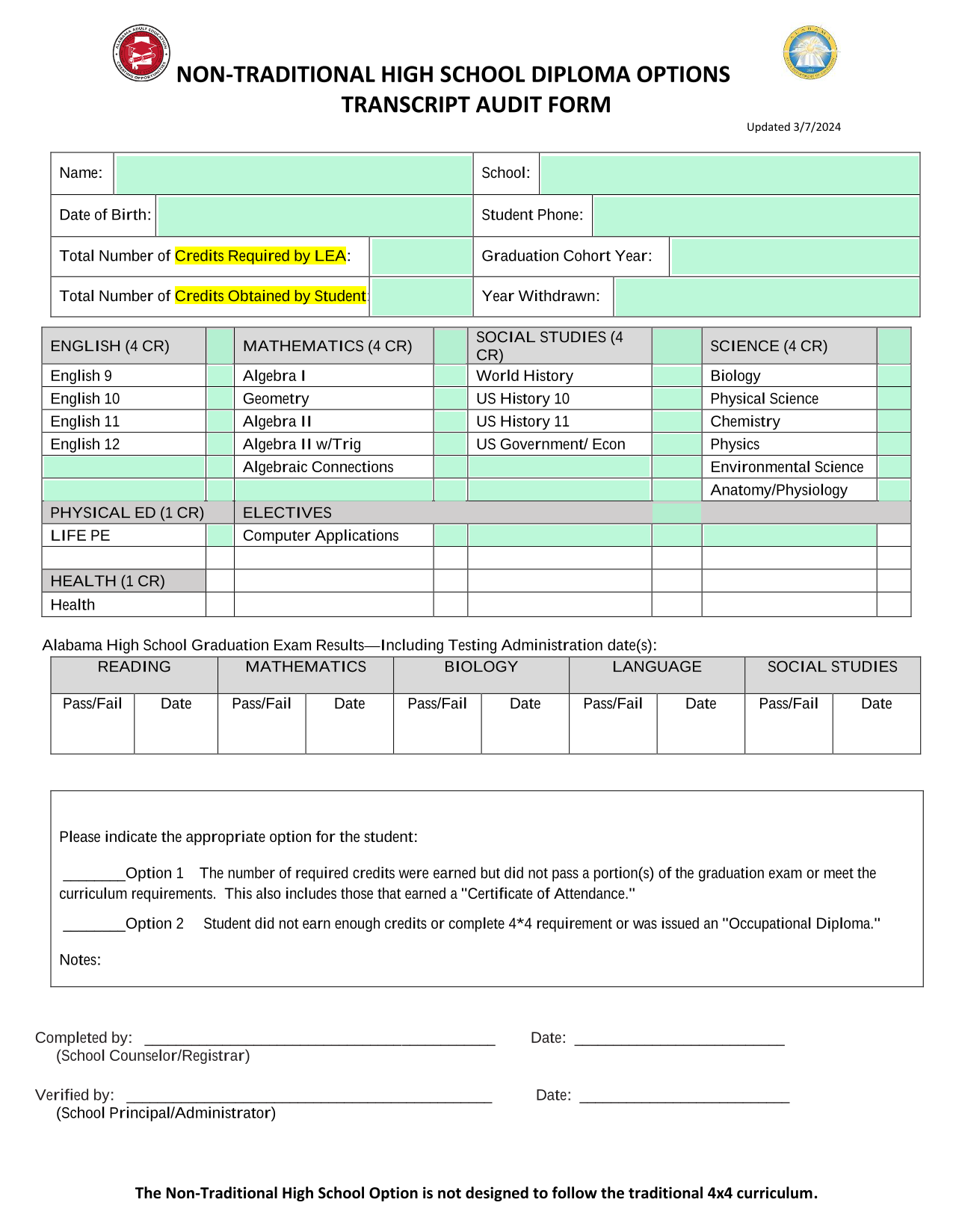Non Traditional High School Diploma Options Transcript Audit Form screenshot