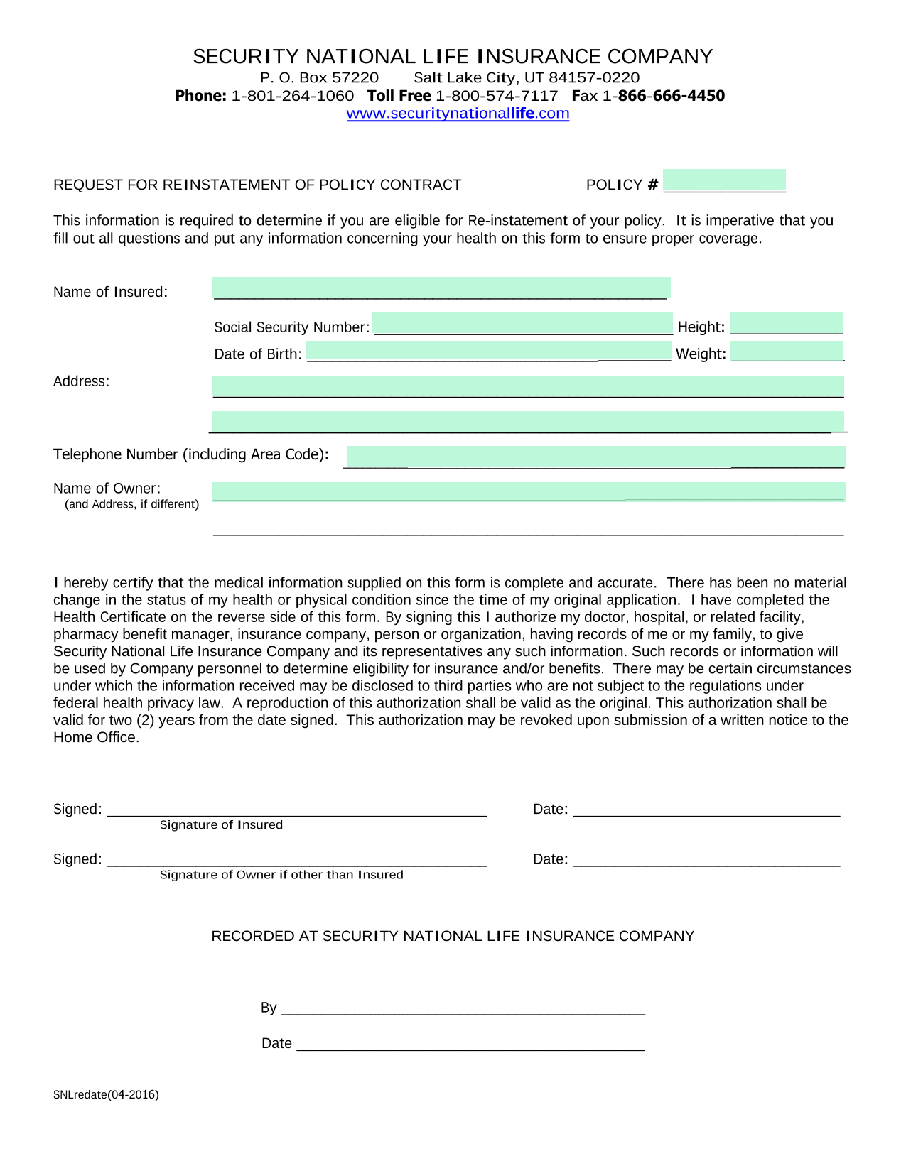 Request For Reinstatement Of Policy Contract screenshot