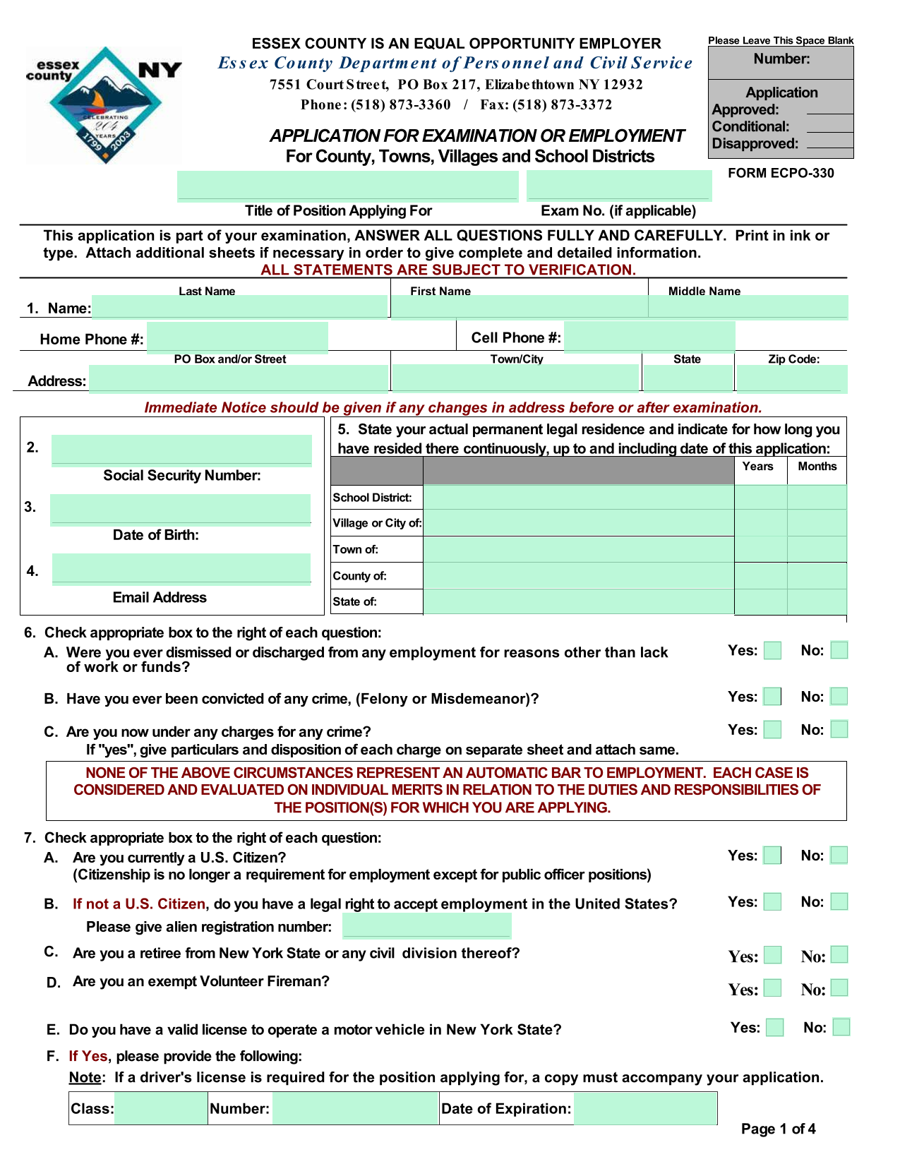 Application For Examination Or Employment screenshot