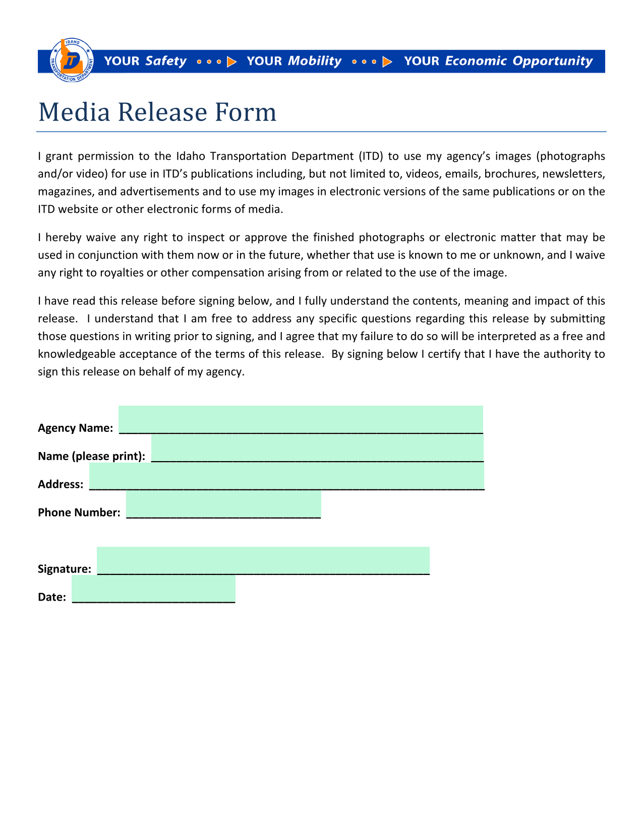 Media Release Form screenshot