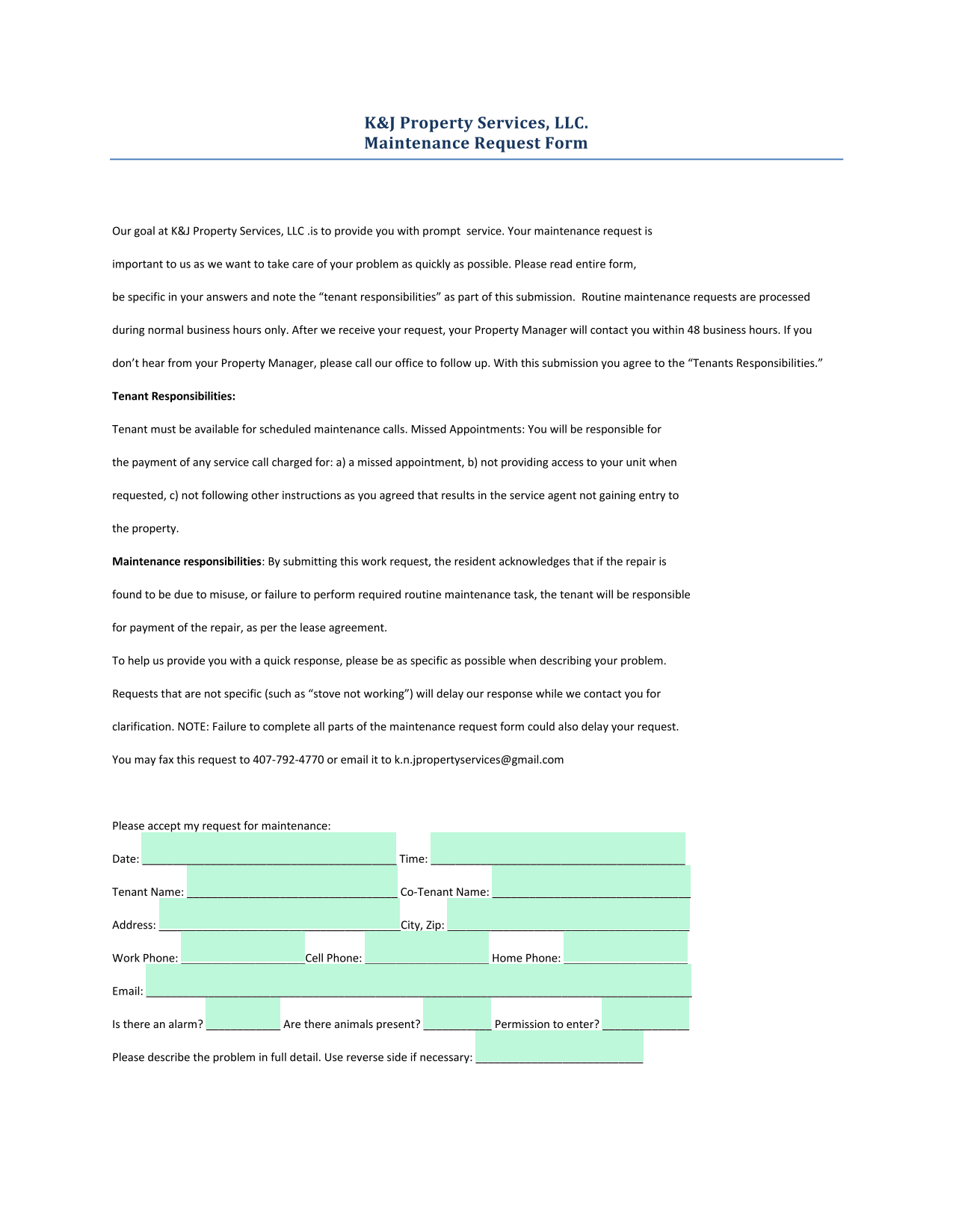 Maintenance Request Form screenshot