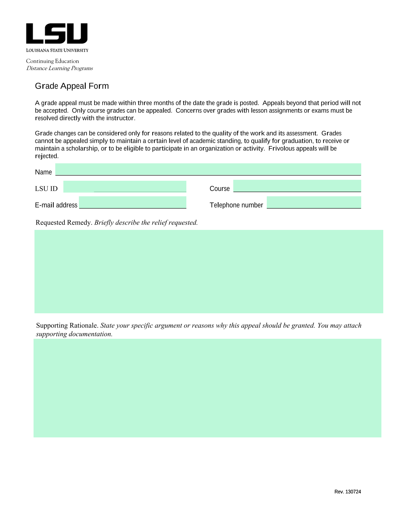 Grade Appeal Form screenshot